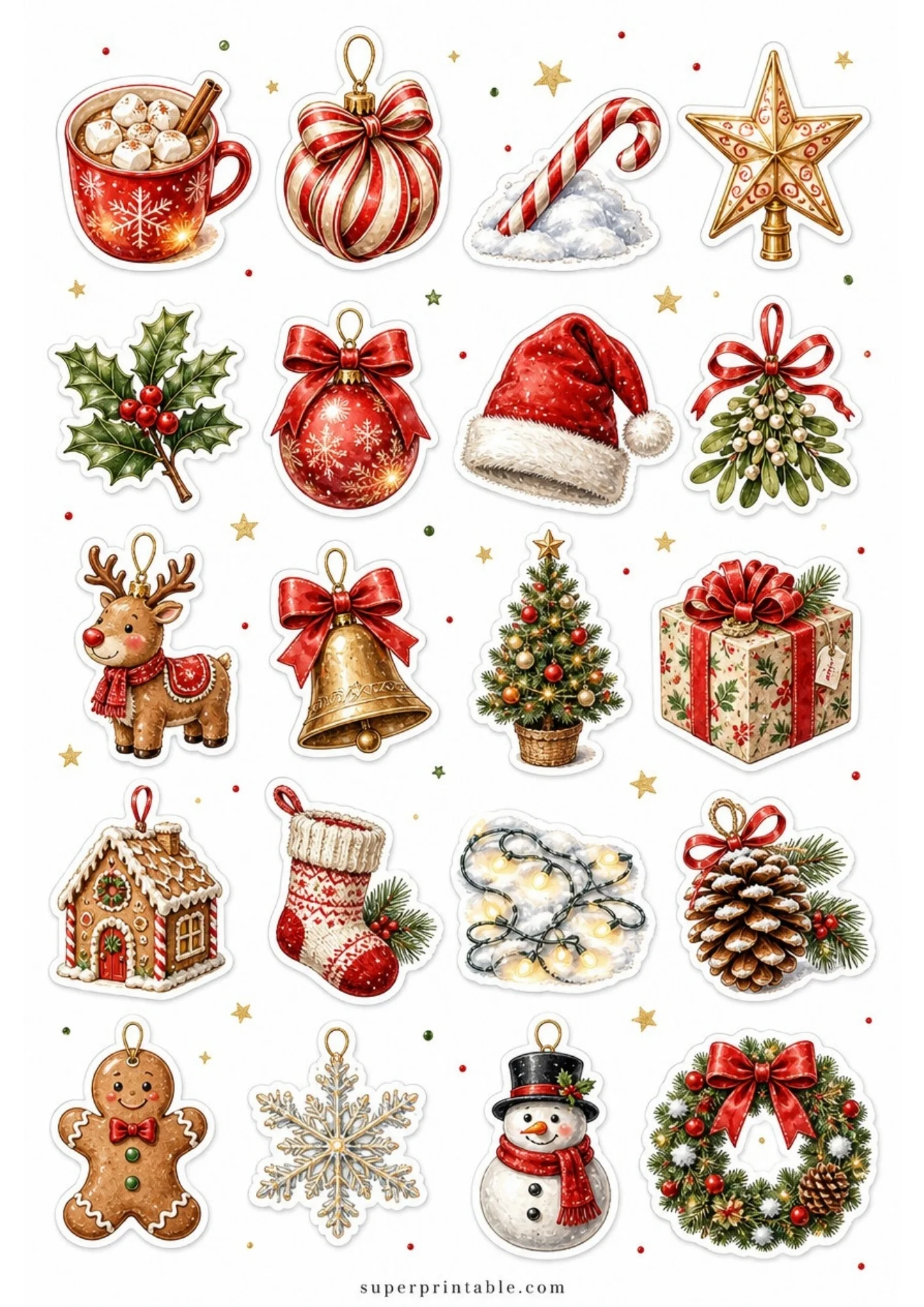 A set of twenty cheerful watercolor holiday stickers displaying hot cocoa mugs, striped baubles, reindeer, snowmen, and Christmas trees with white borders.