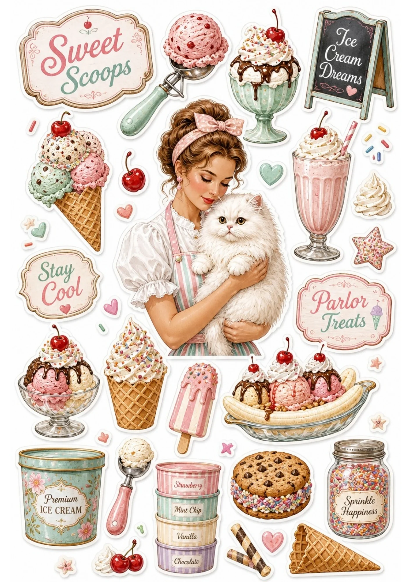 A girl stirring a large pot of soup on the stove with a white cat watching. Surrounding stickers include fresh vegetables, ladles, and text saying 'Favorite Recipes' and 'Warm Wishes'.