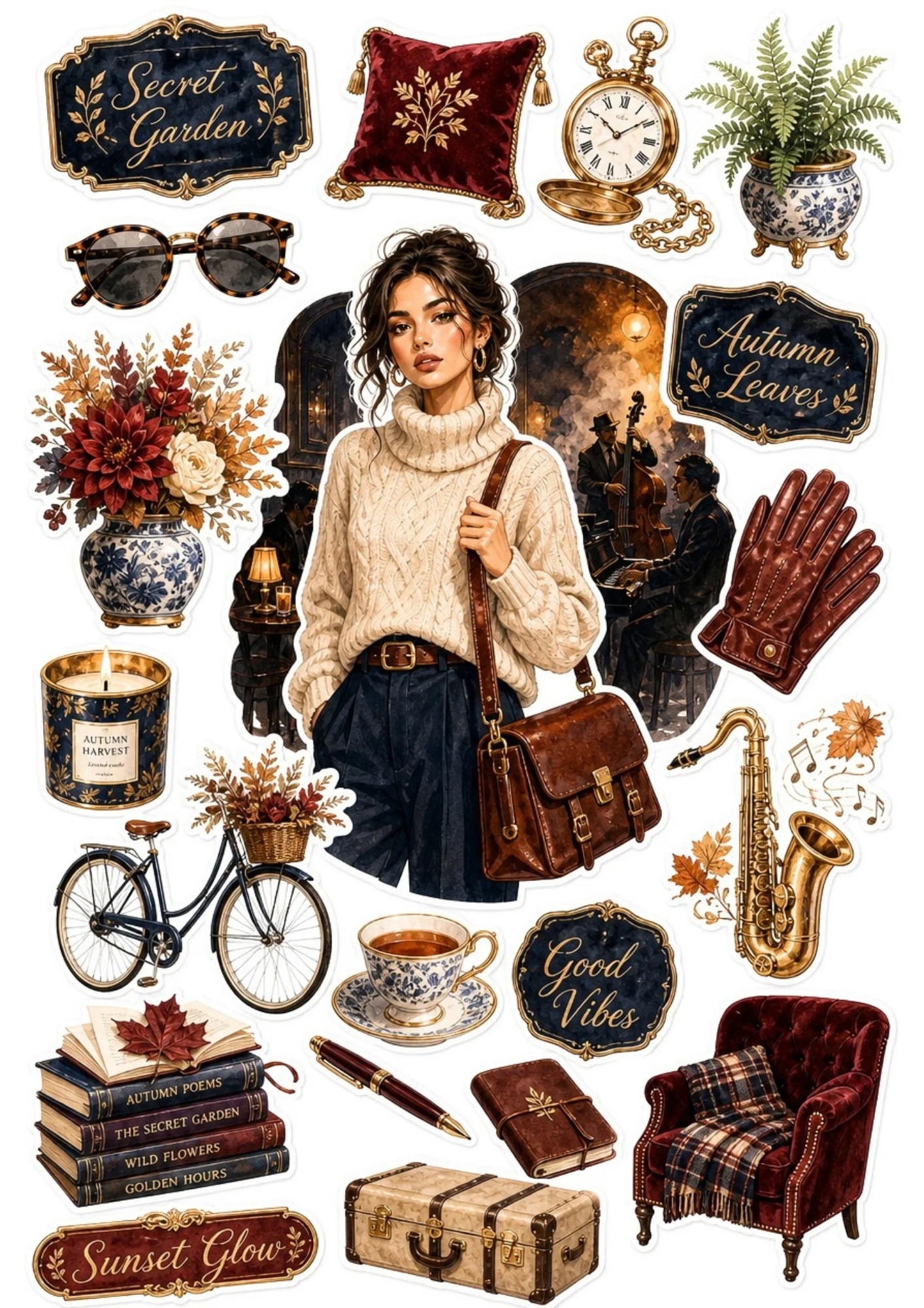 A printable aesthetic sticker sheet with a woman in a knit sweater in a cozy jazz lounge, surrounded by saxophones, velvet armchairs, books, and vintage bicycles.