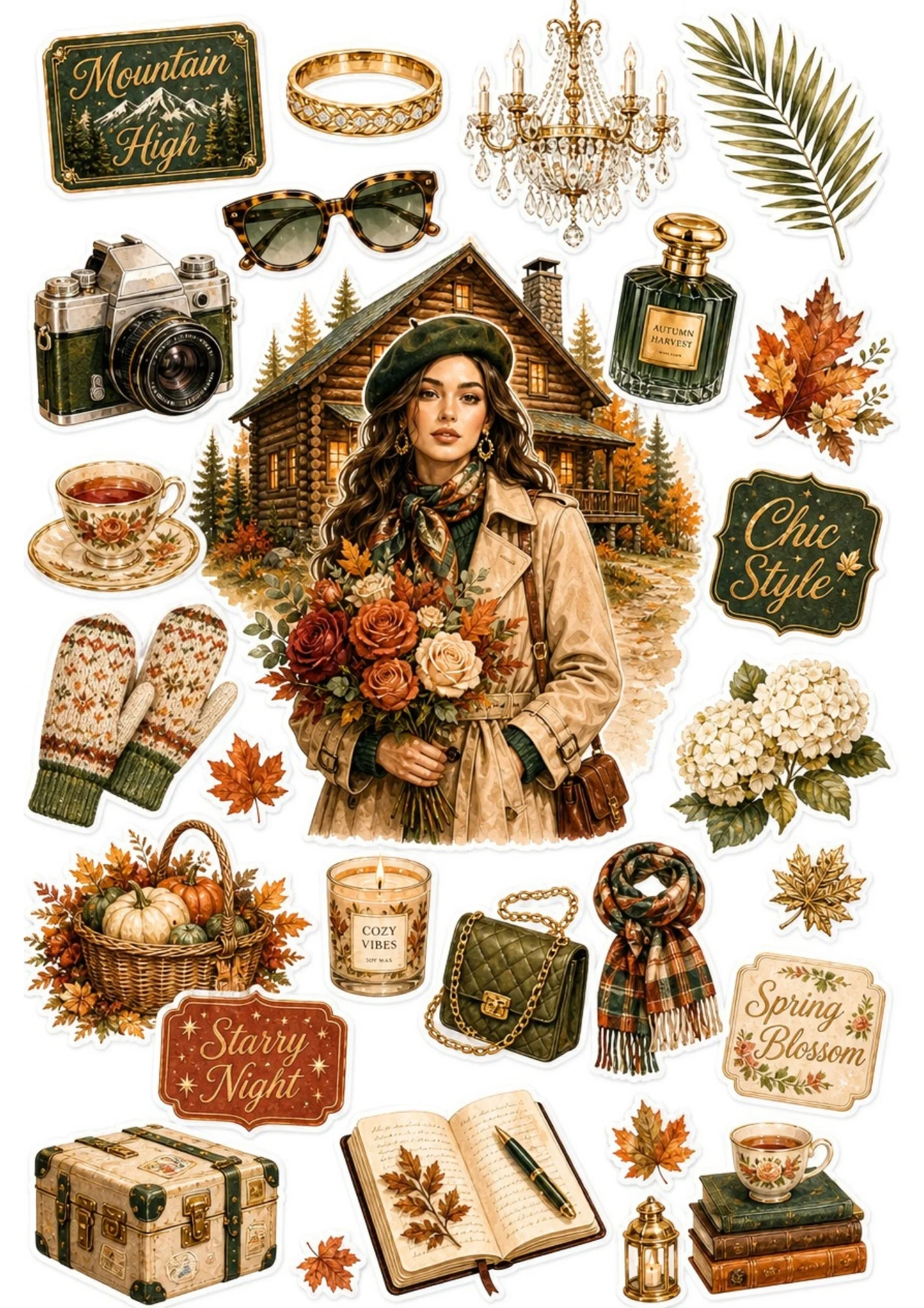 A printable sticker sheet depicting a woman with fall flowers in front of a forest cabin, surrounded by green cameras, mittens, pumpkin baskets, and books.
