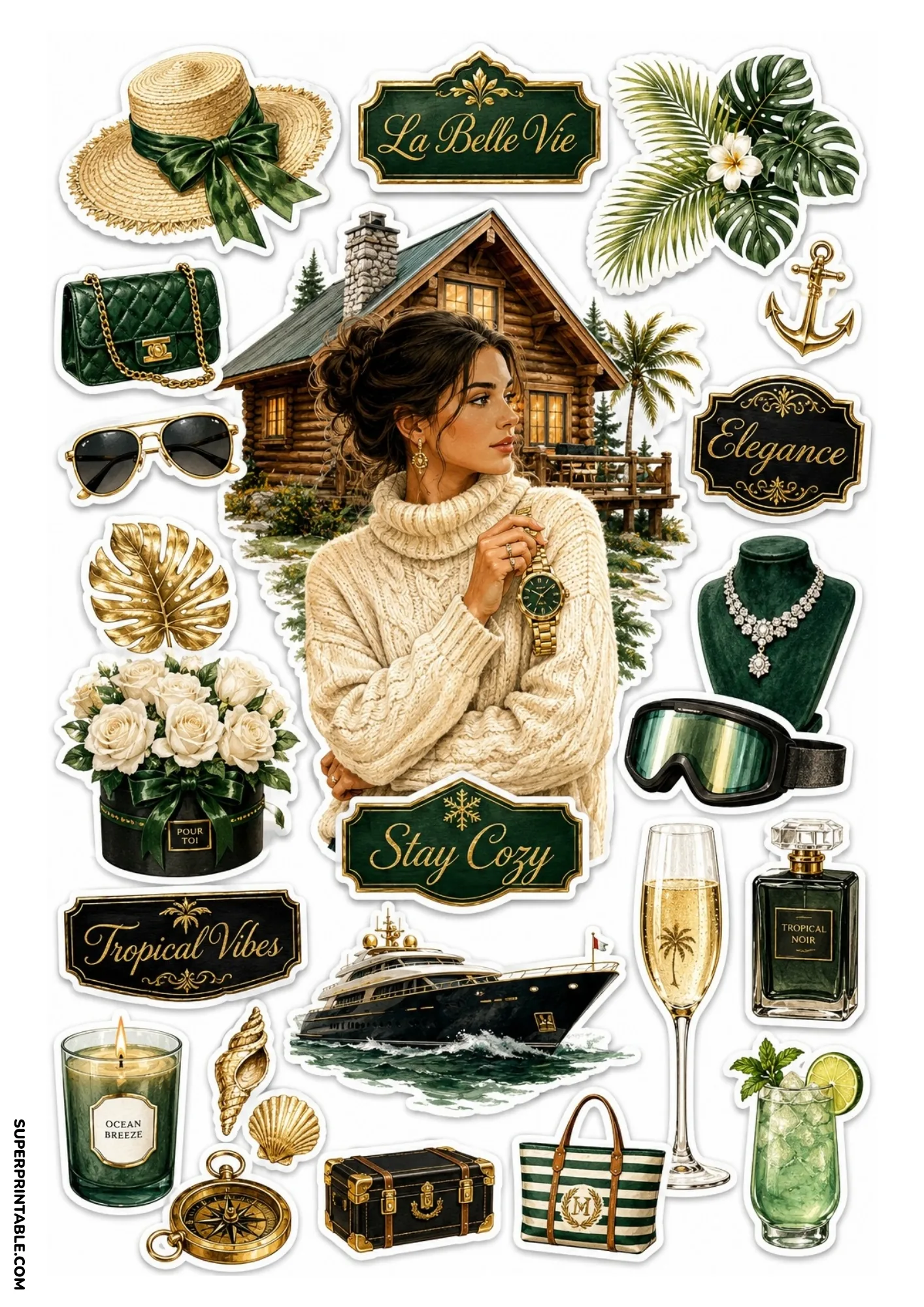 Printable sticker sheet with a central woman in a turtleneck sweater by a log cabin, surrounded by luxury green and gold stickers including a dark superyacht, green handbag, sunglasses, and decorative badges.