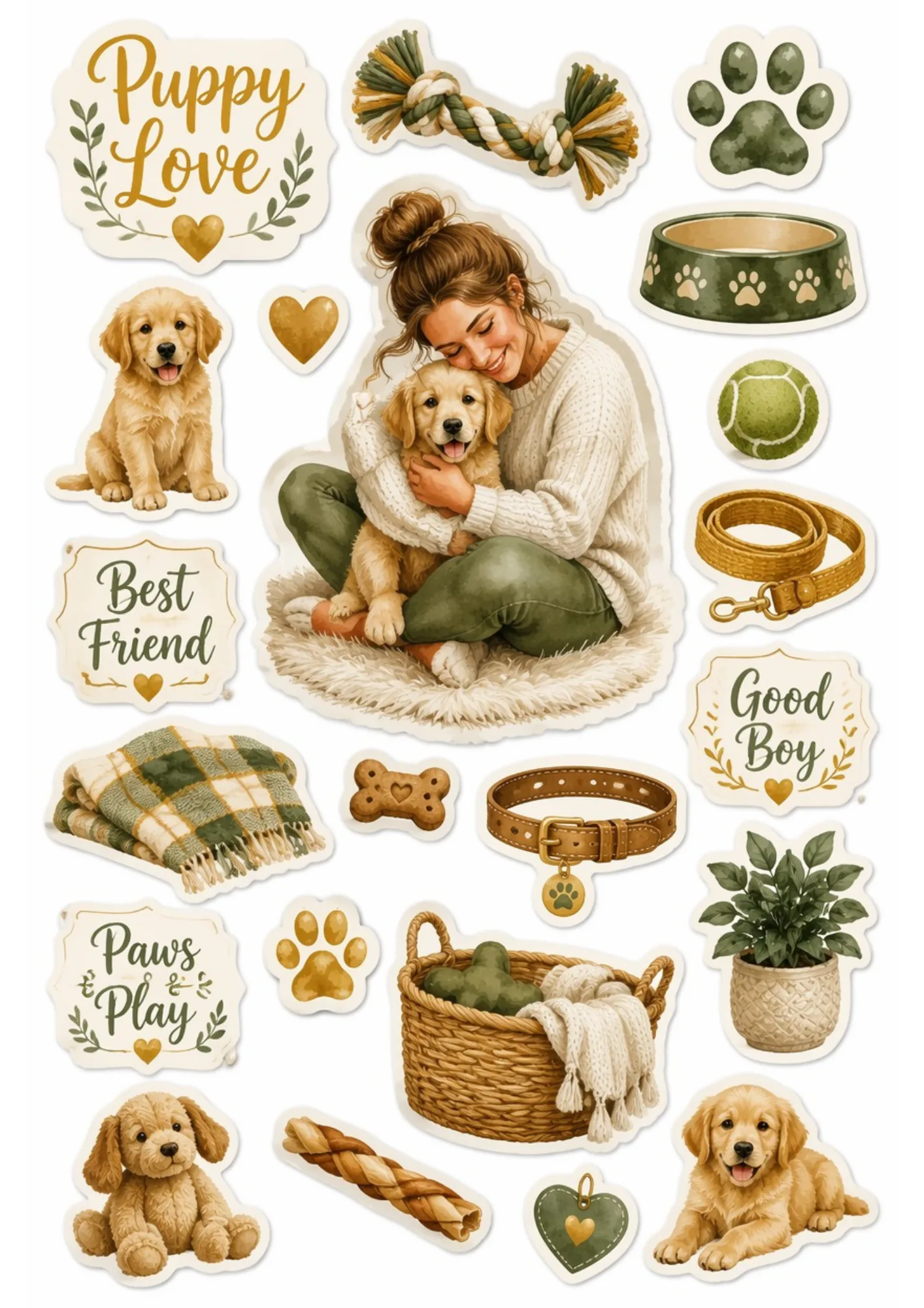 A watercolor sticker sheet with a woman cuddling a golden Labrador puppy surrounded by dog accessories and text badges.