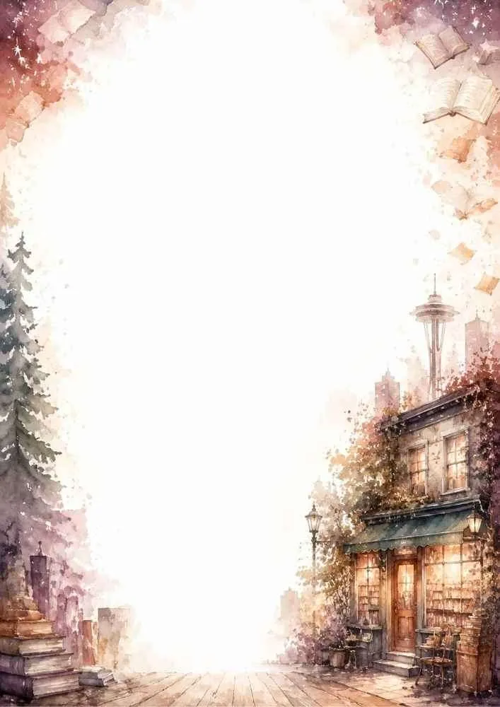 A warm stationery page featuring a cozy storefront bookstore lit from within, with stacks of books and floating books in the sky near the Space Needle.