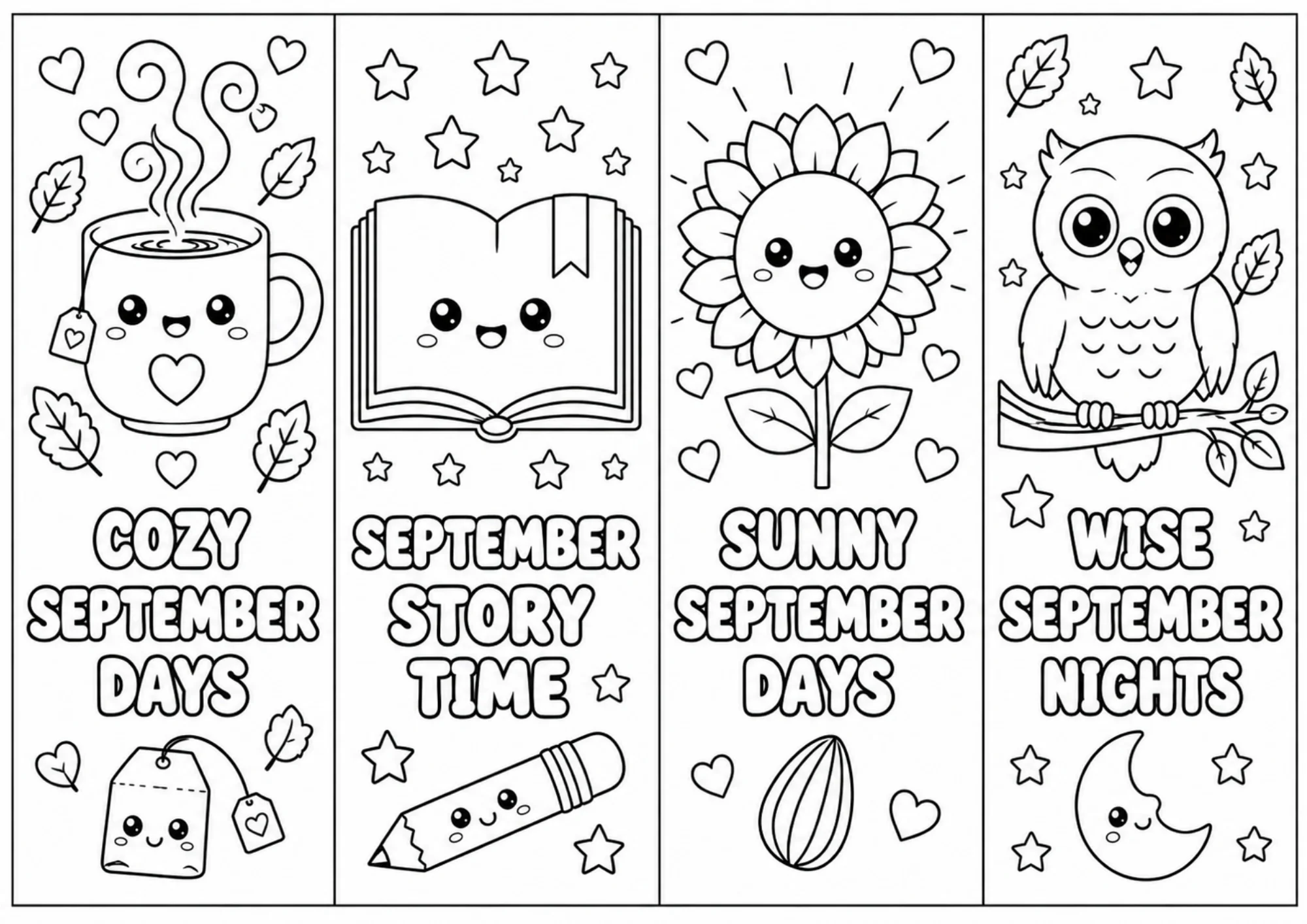 Printable outline coloring bookmarks featuring a steaming coffee mug, open storybook with pencil, blooming sunflower, and owl perched on a tree branch.