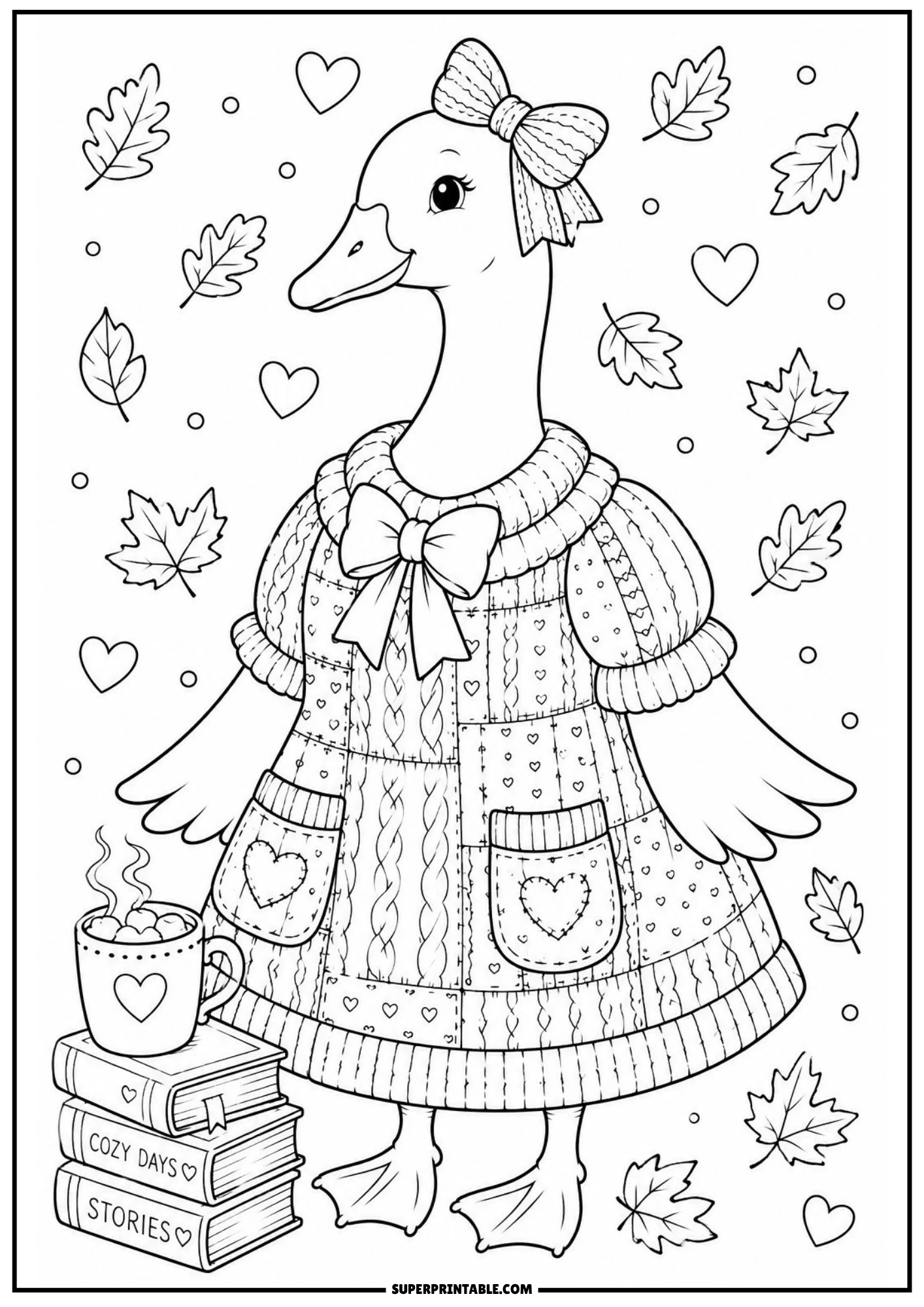 A vintage goose in a cozy knitted sweater dress standing near a stack of storybooks and a steaming mug of hot chocolate.
