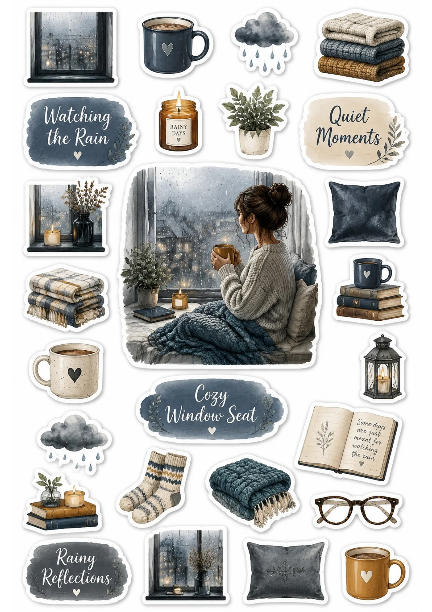 Printable sticker sheet showcasing quiet rainy day aesthetic, featuring a girl at a window seat with a mug, journal, warm blankets, candles, and rain clouds.