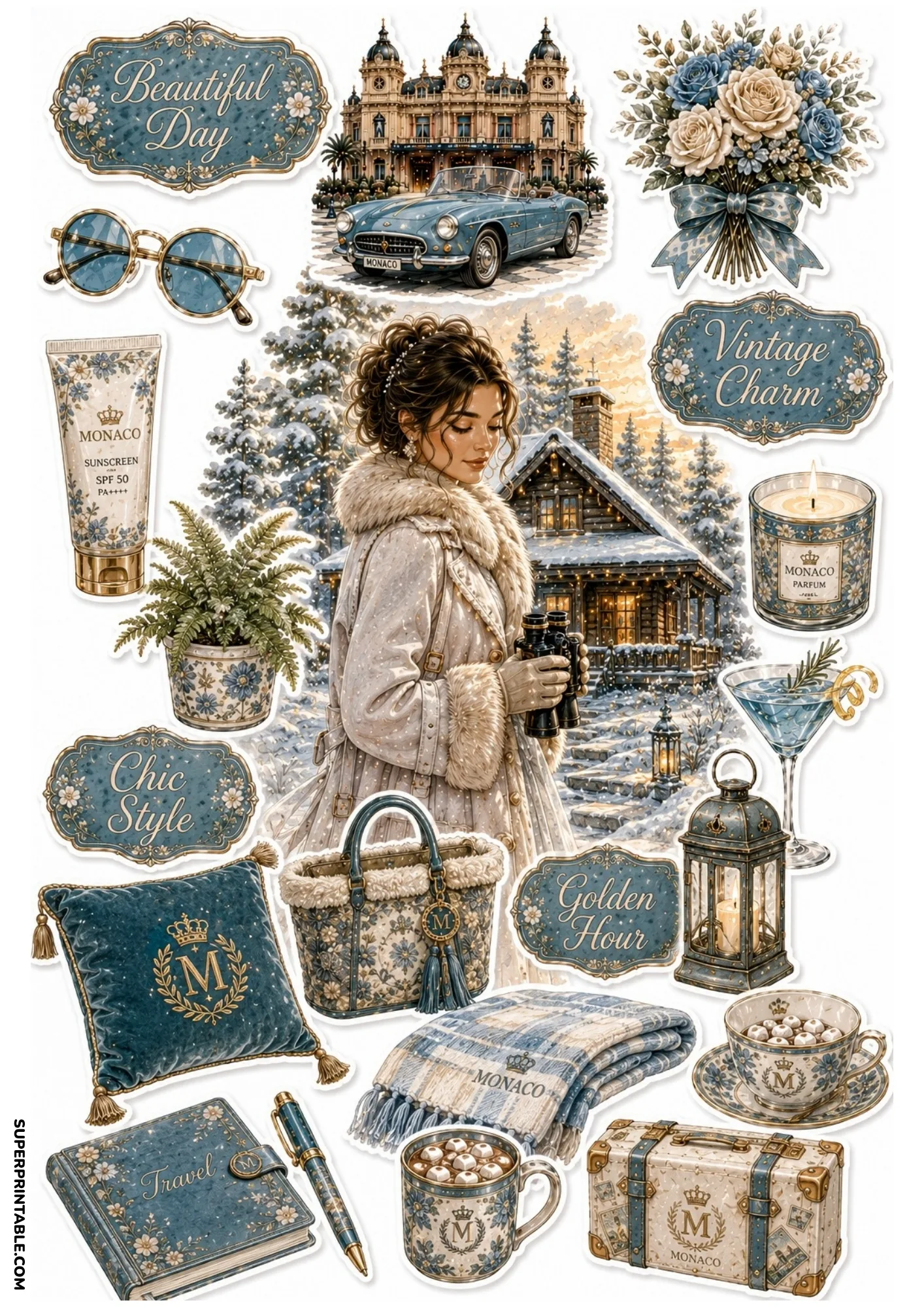 Printable sticker sheet featuring a woman in a white coat at a snowy cabin, slate blue notebook, cushion, and teacup.