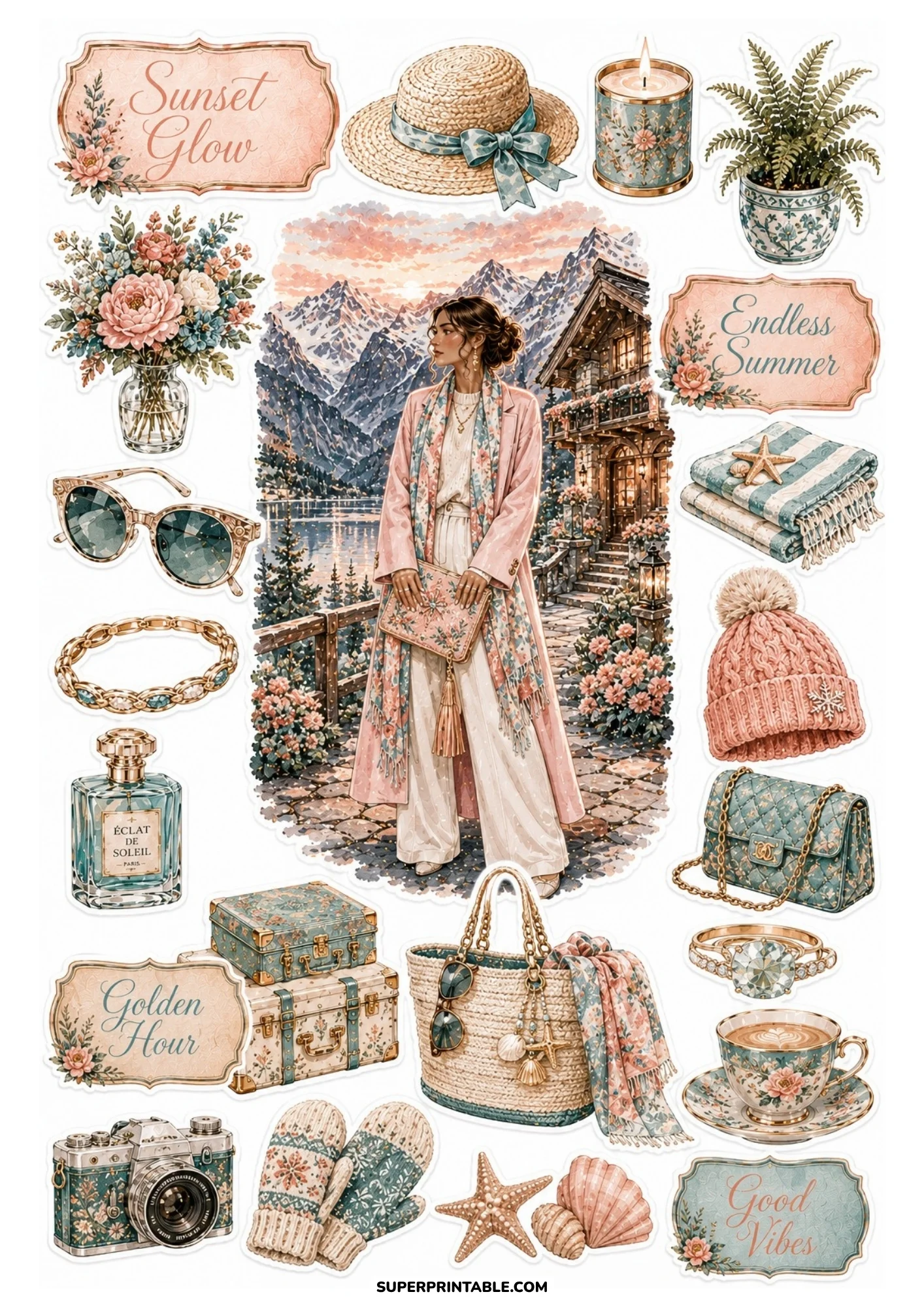 A printable sticker sheet displaying a woman by a winter lake chalet, surrounded by a pink beanie, woven tote, mittens, camera, and floral tea set.