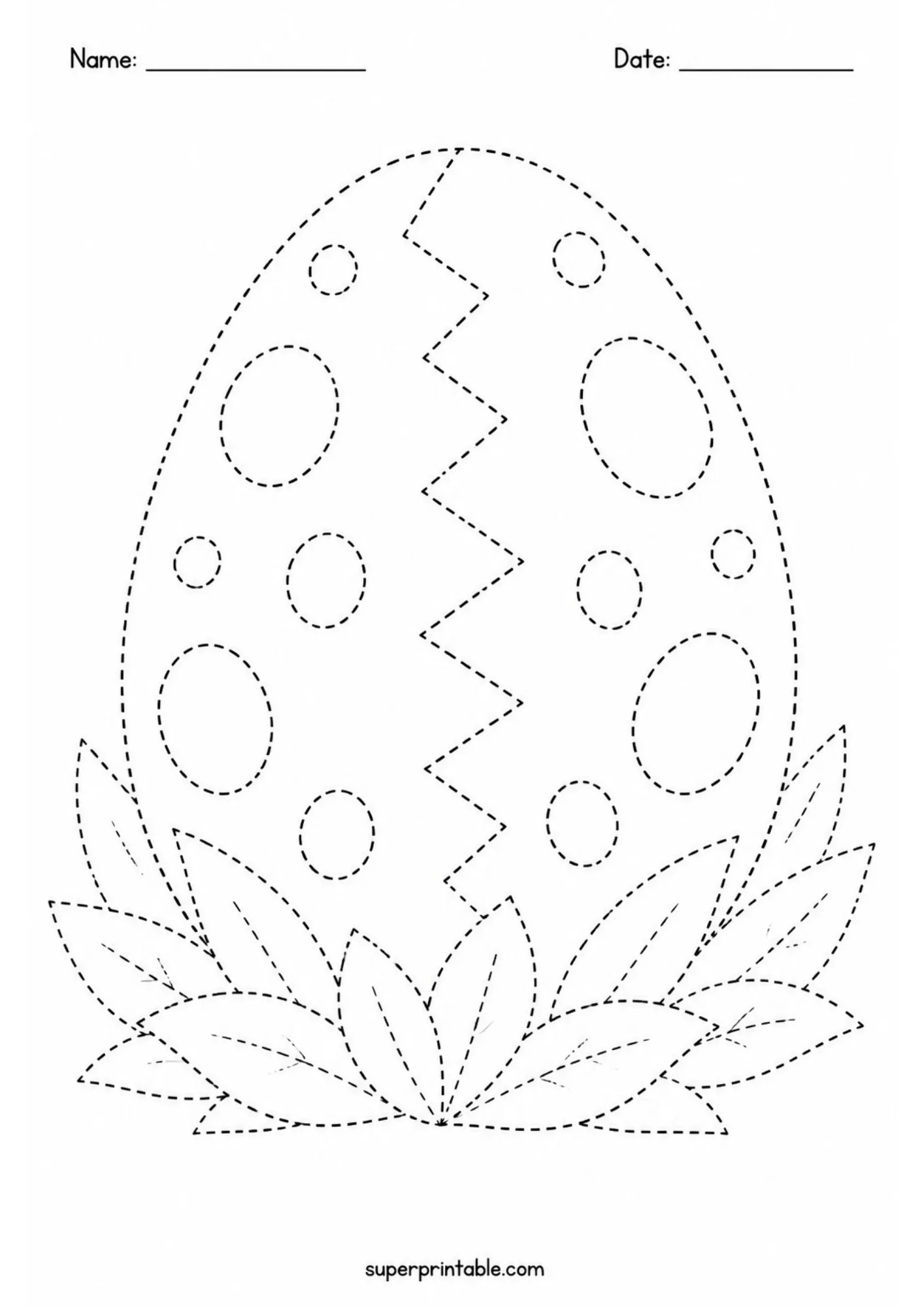 Line tracing worksheet of a spotted dinosaur egg with a zigzag crack sitting in a leaf nest, drawn with dashed lines.