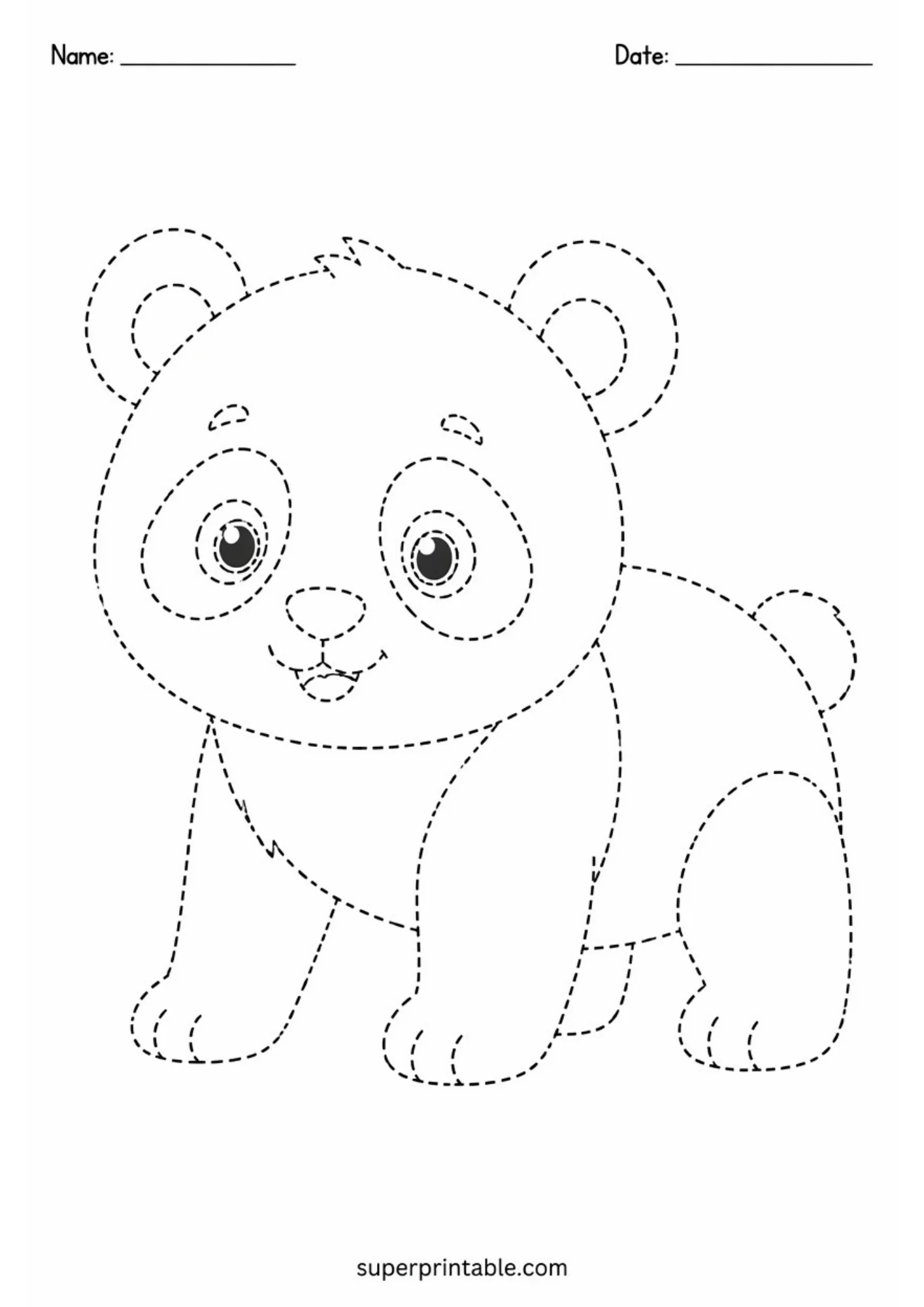 Printable dotted outline tracing sheet showing a panda cub standing on all four paws with Name and Date lines.