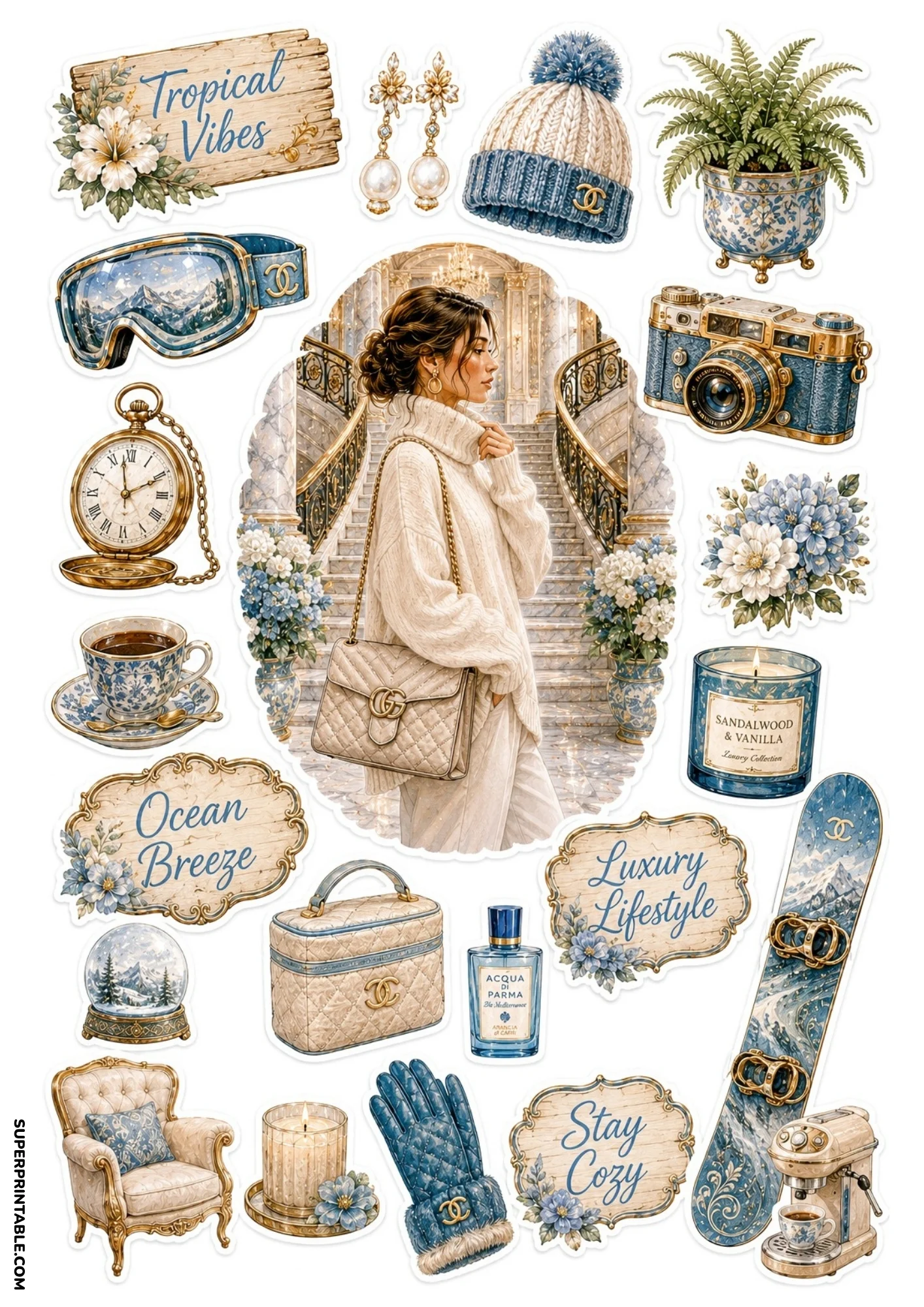 Printable sticker sheet featuring a woman on a marble grand staircase, alongside a blue patterned snowboard, coffee espresso machine, snowglobe, quilted vanity bag, and blue floral decorations.