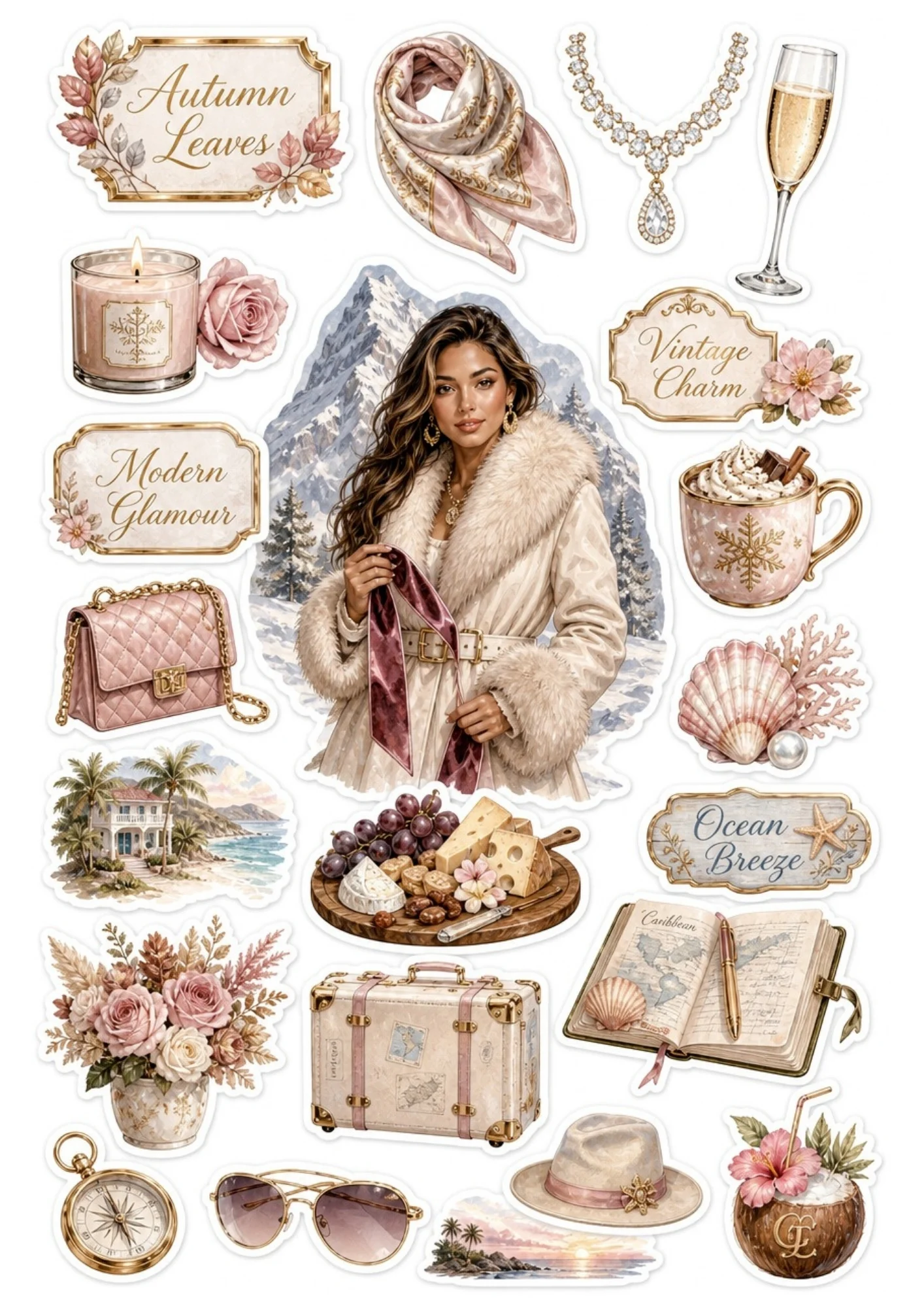 Printable sticker sheet showing a woman in a fur-collar coat against mountains, surrounded by winter and travel stickers like a hot chocolate mug, open map journal, and vintage trunk.