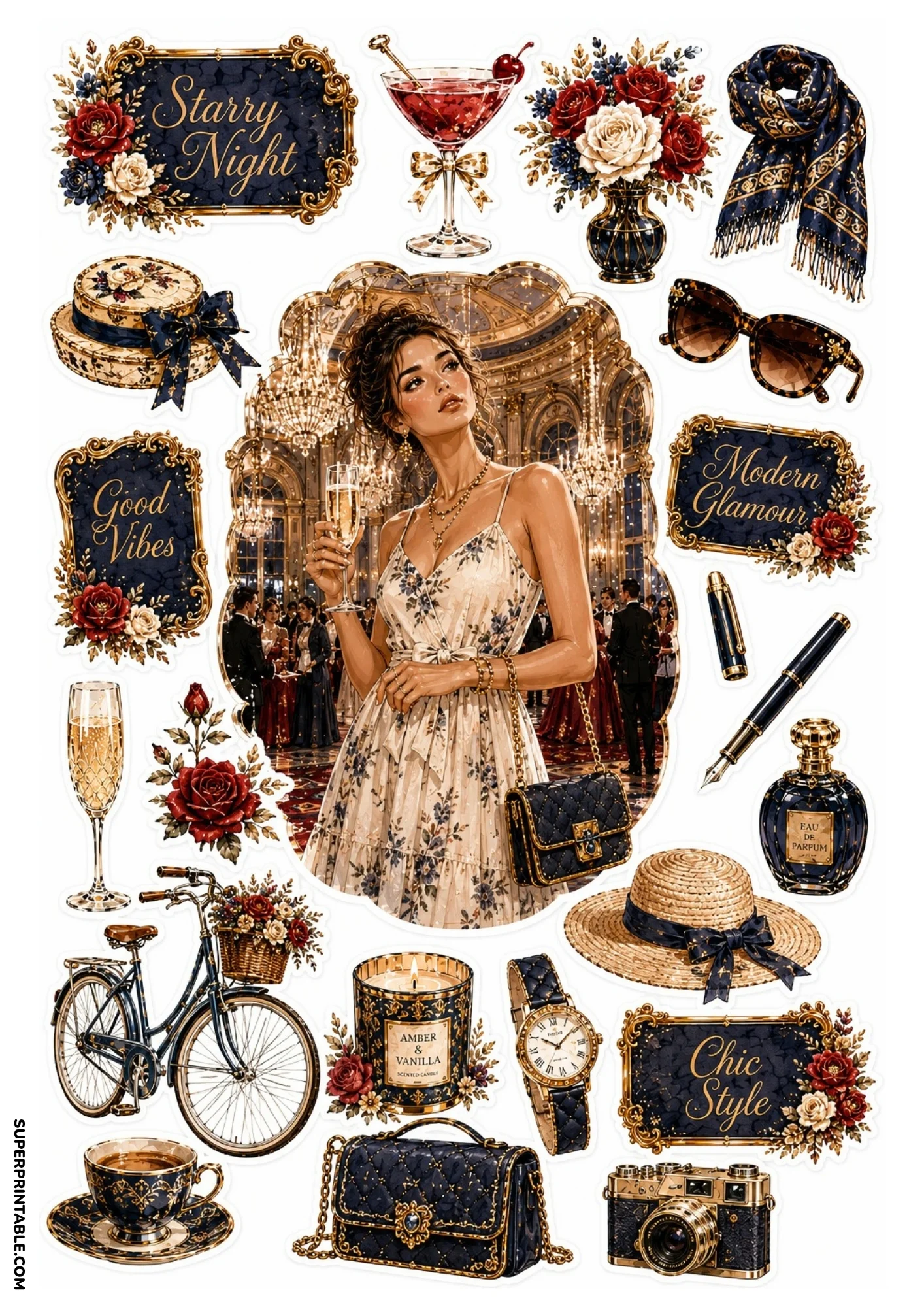 Printable sticker sheet featuring a woman in a floral dress holding champagne in a grand hall, surrounded by a vintage bicycle, perfume bottles, and fountain pen stickers.