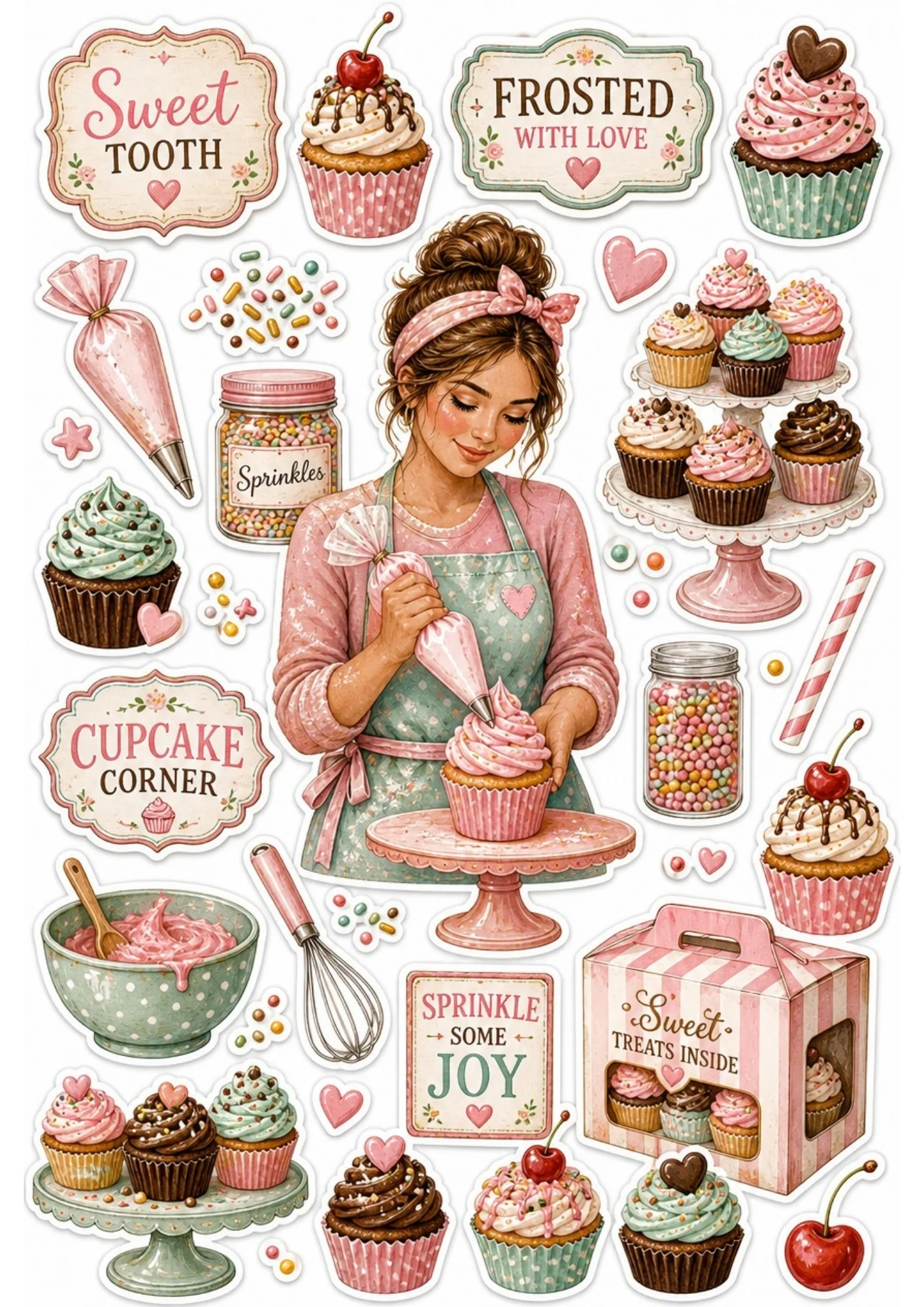 A girl carefully piping pink frosting onto a cupcake. Surrounding stickers include tiered cupcake stands, bowls of frosting, whisks, and text saying 'Cupcake Corner' and 'Sweet Tooth'.