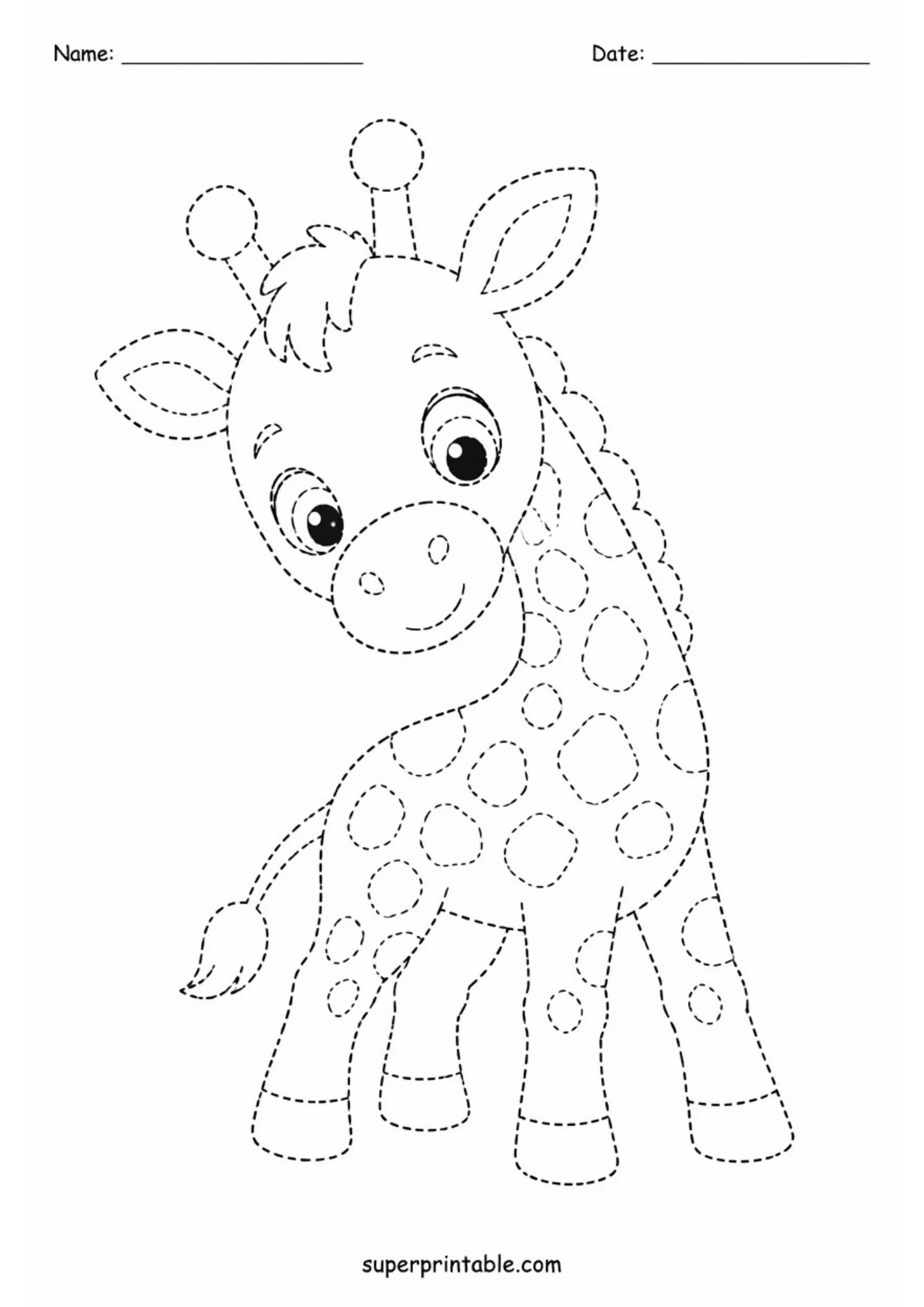 Black dashed outline tracing page of a baby giraffe calf tilting its head sideways with big eyes, neck mane, spotted body, and top Name and Date header lines.
