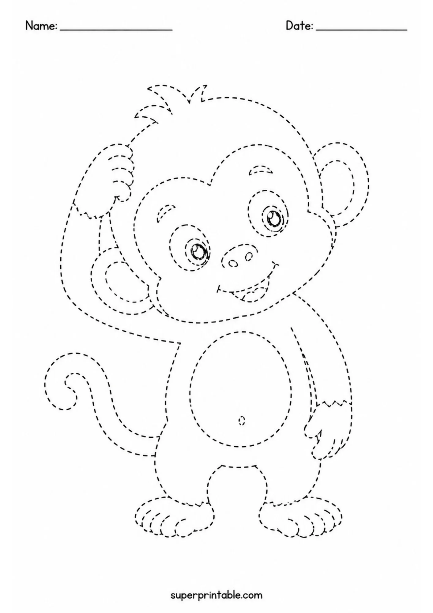 Black and white dashed line worksheet showing a curious baby monkey standing upright while scratching its head with one hand.