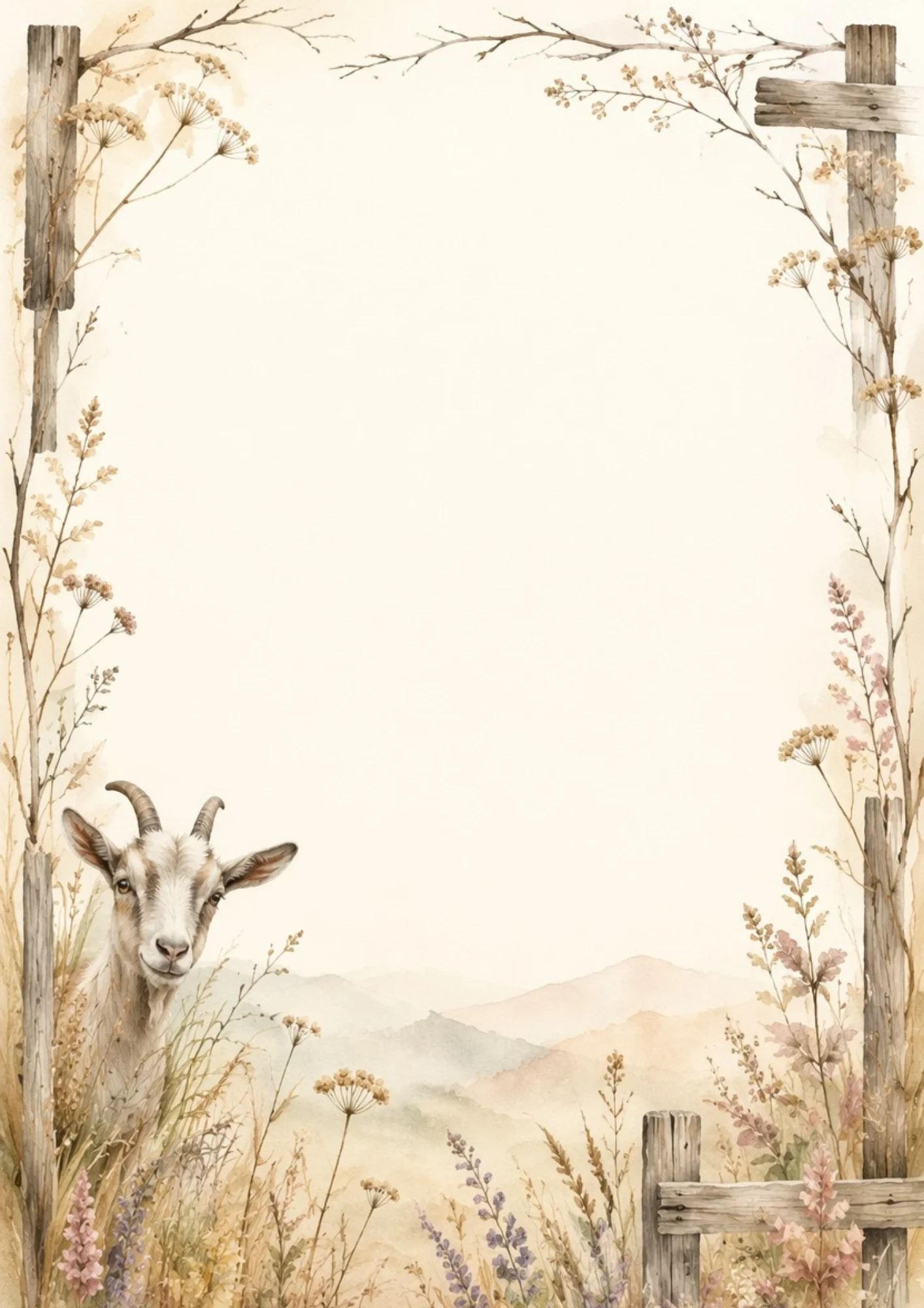 A curious horned goat peeks from a wooden fence with distant watercolor mountains.
