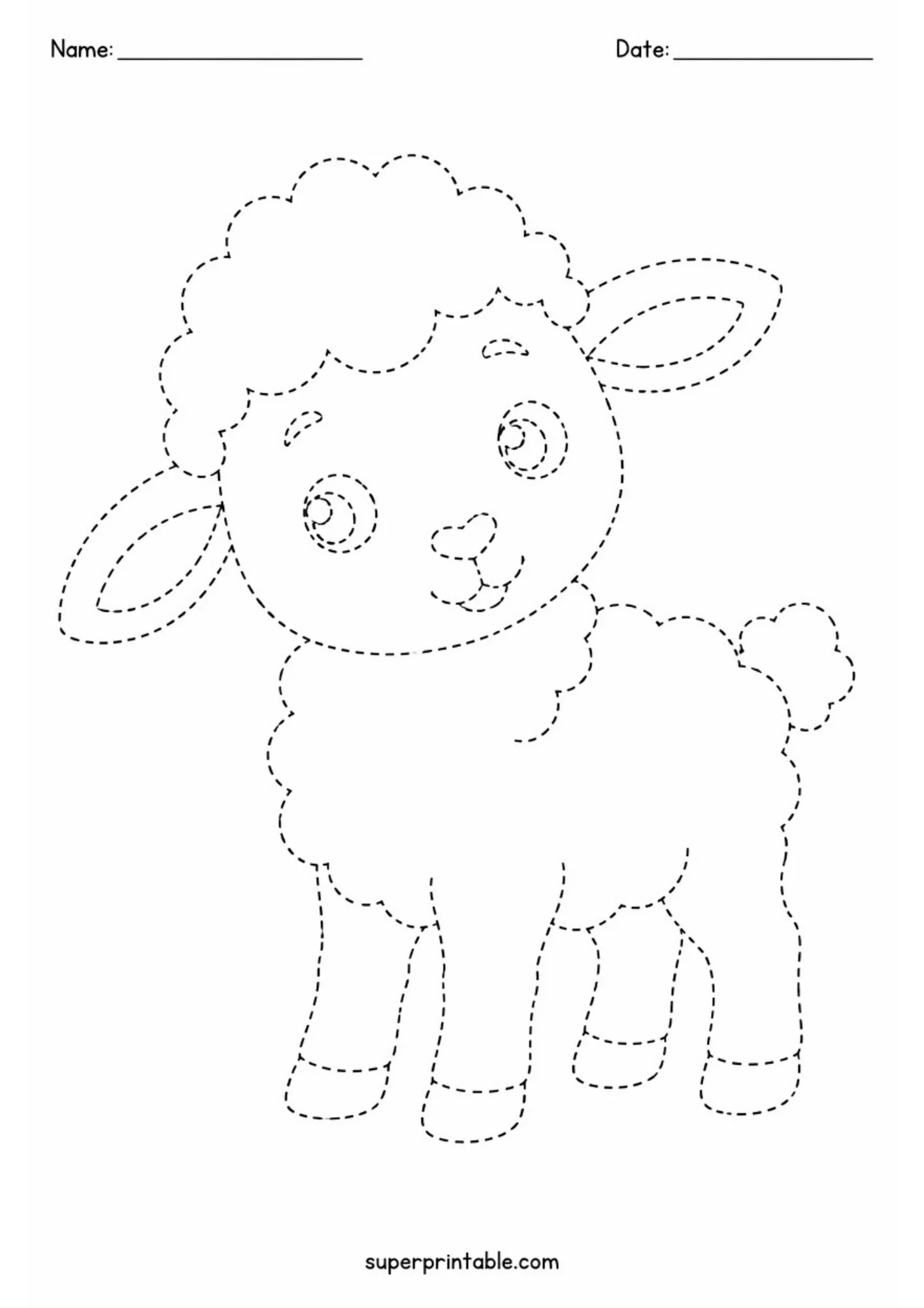 A dashed line tracing page showing a sweet fluffy lamb tilting its head to one side with large clear eyes and floppy ears.