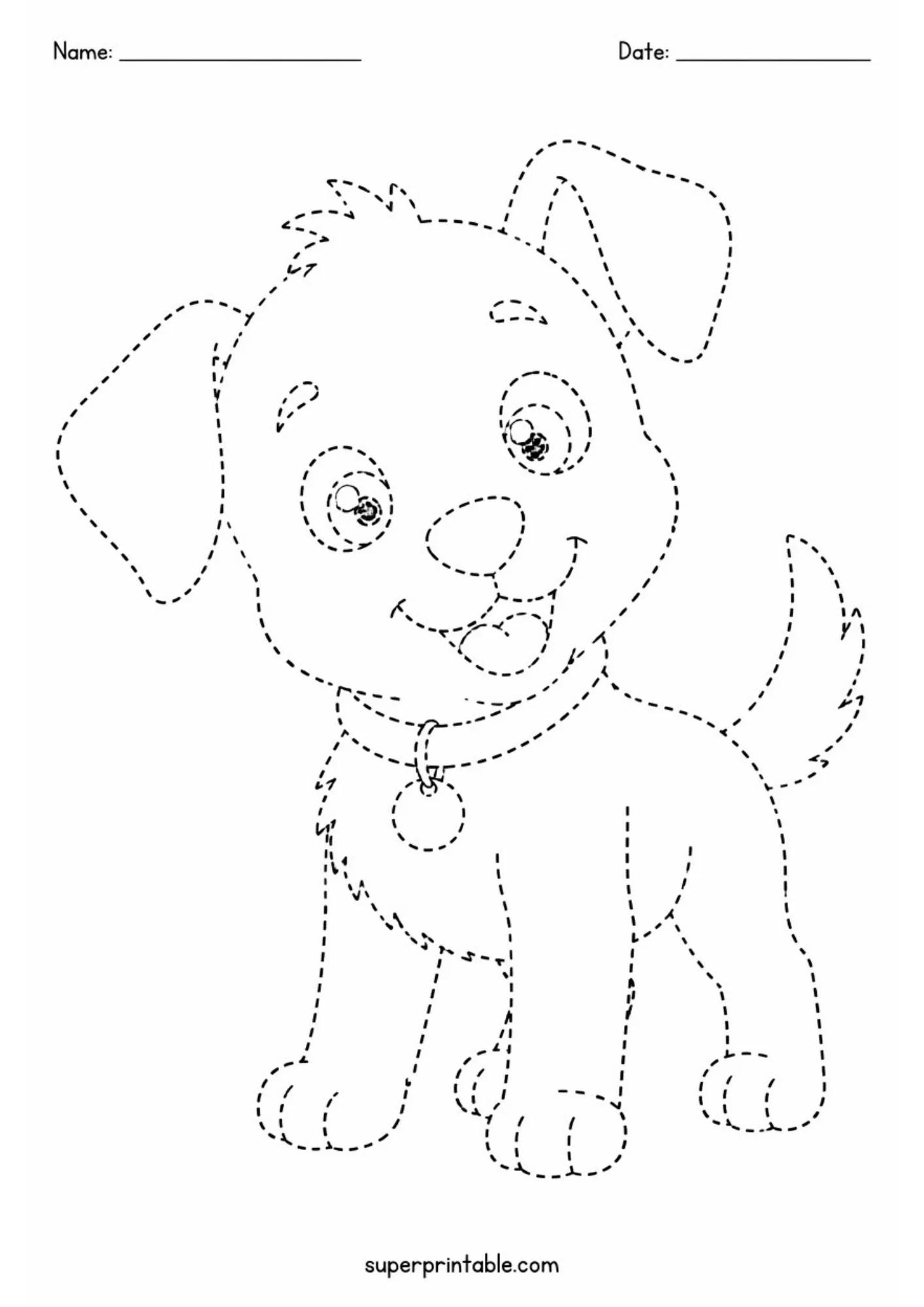 Black line art dotted tracing worksheet depicting a cute puppy standing and tilting its head curiously to the side with large sparkly eyes.