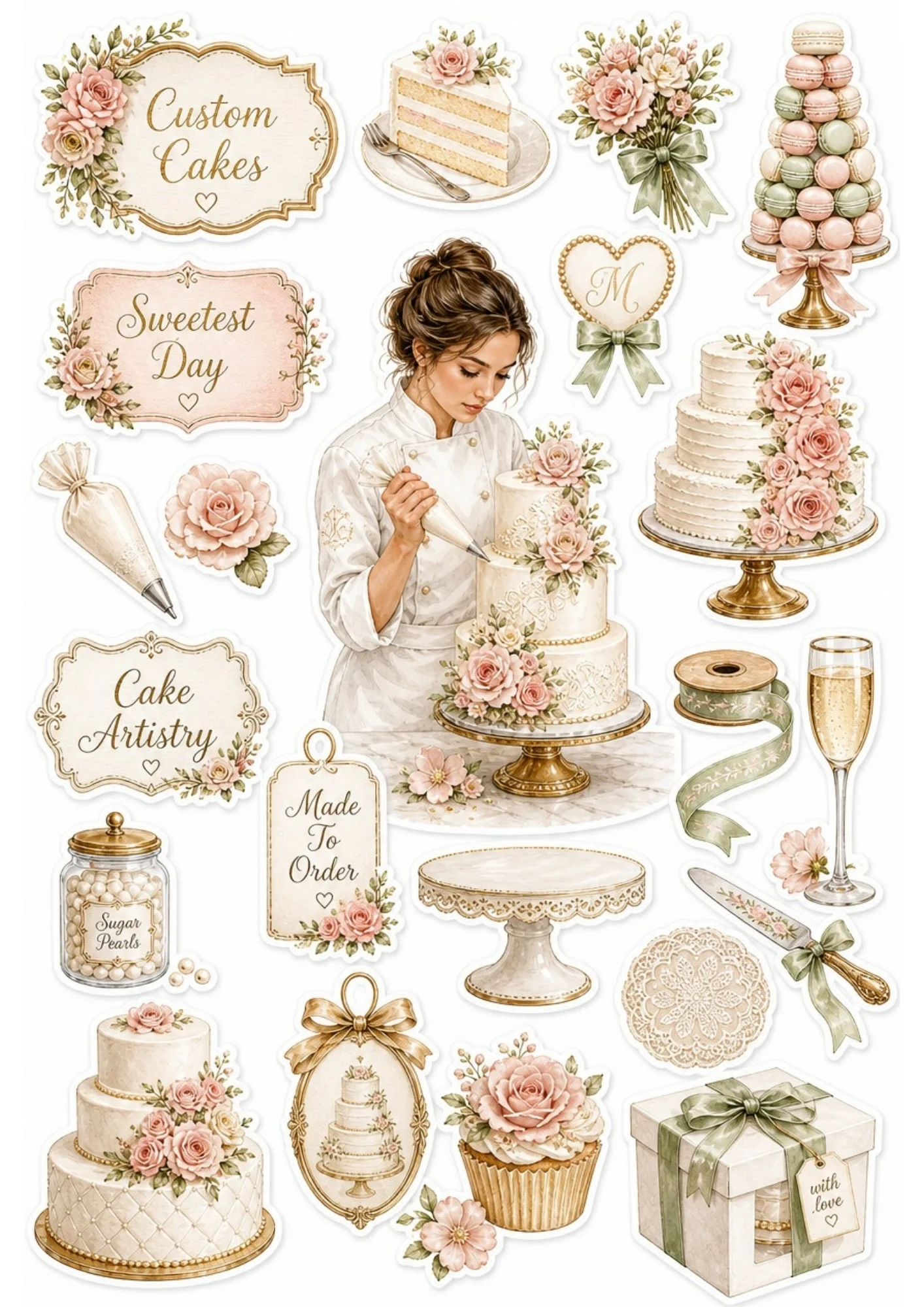 A girl carefully piping details onto a tiered cake. Surrounding stickers include a macaron tower, decorative cakes, piping tools, and text saying 'Custom Cakes' and 'Cake Artistry'.
