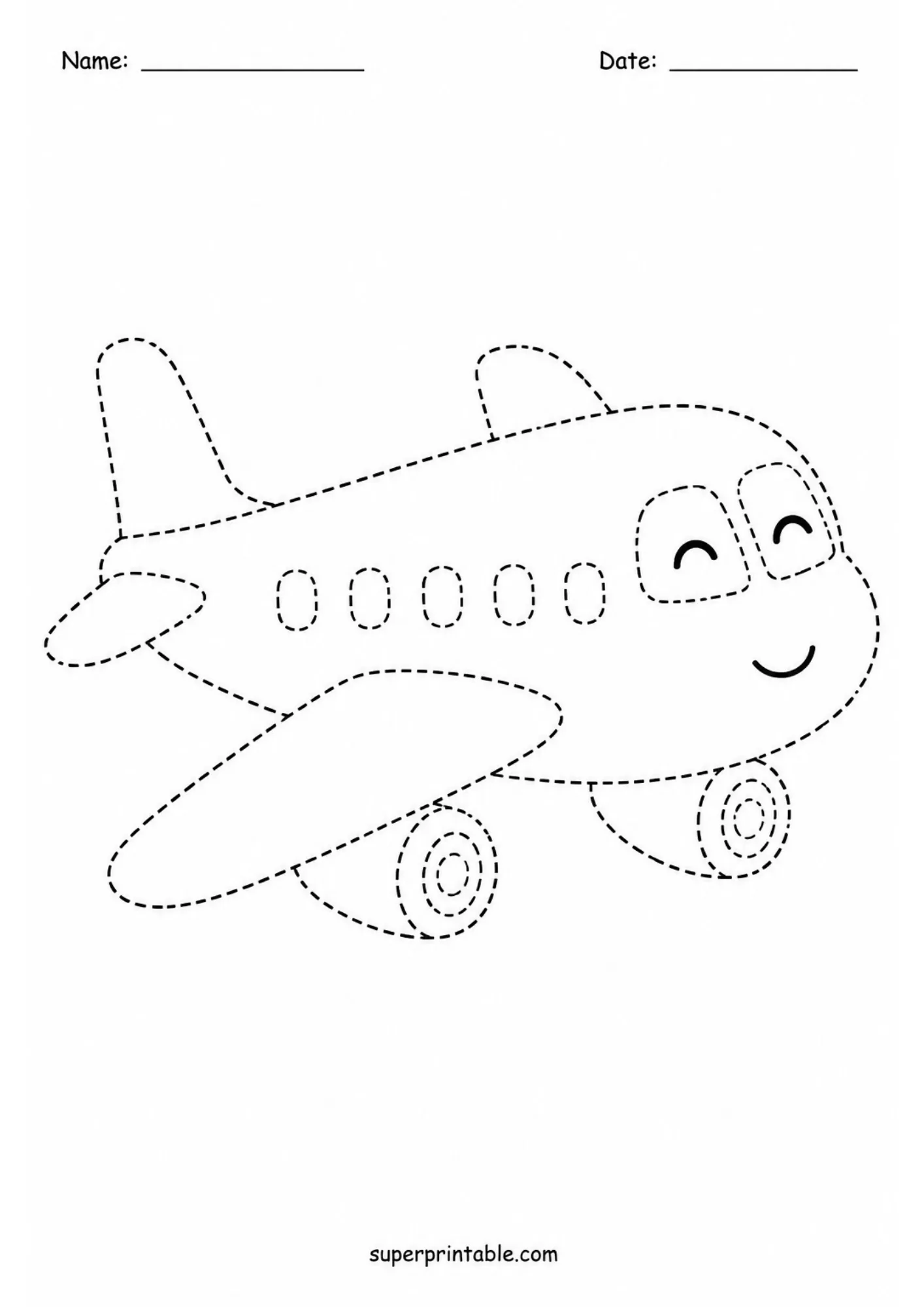 Black and white dashed line tracing printable featuring a happy cartoon airplane flying with jet engines.