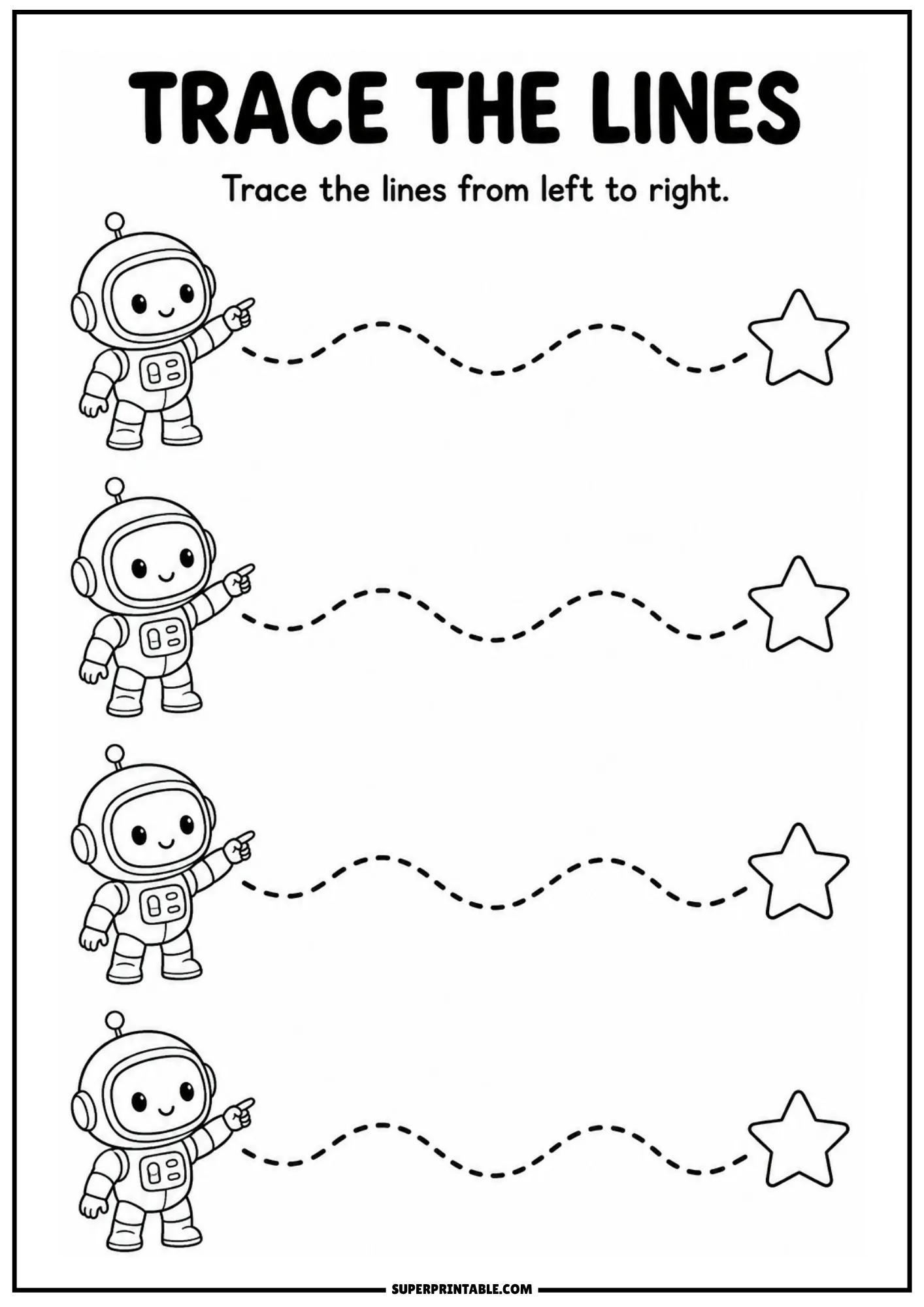 Line tracing worksheet with cute astronauts pointing along wavy dashed paths toward star outlines.