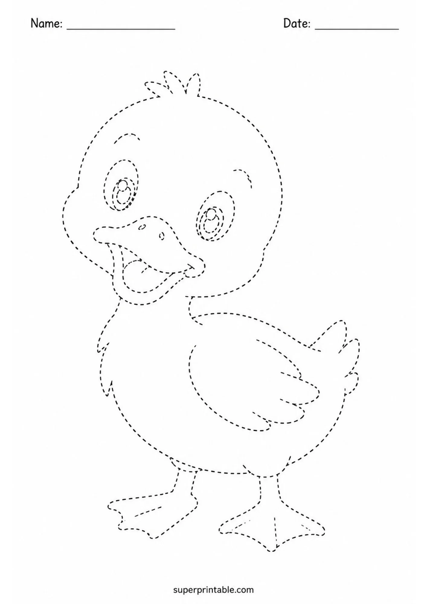 Black and white tracing sheet showing a cute baby duckling standing in side profile with big round eyes outlined in dashed lines.