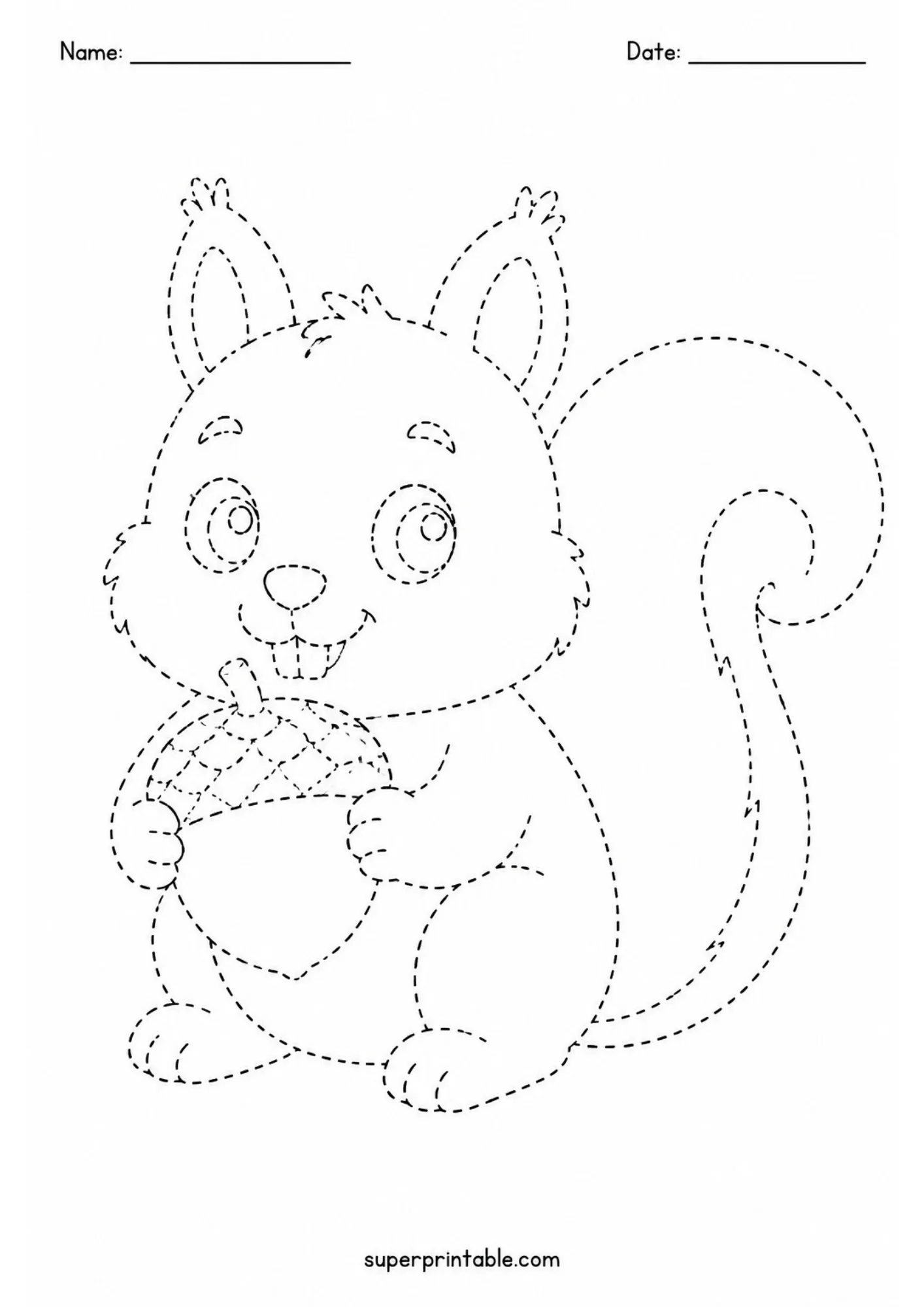 Black and white dashed line printable of a baby squirrel standing upright with tufted ears, holding a large patterned acorn between its paws, with top header lines.