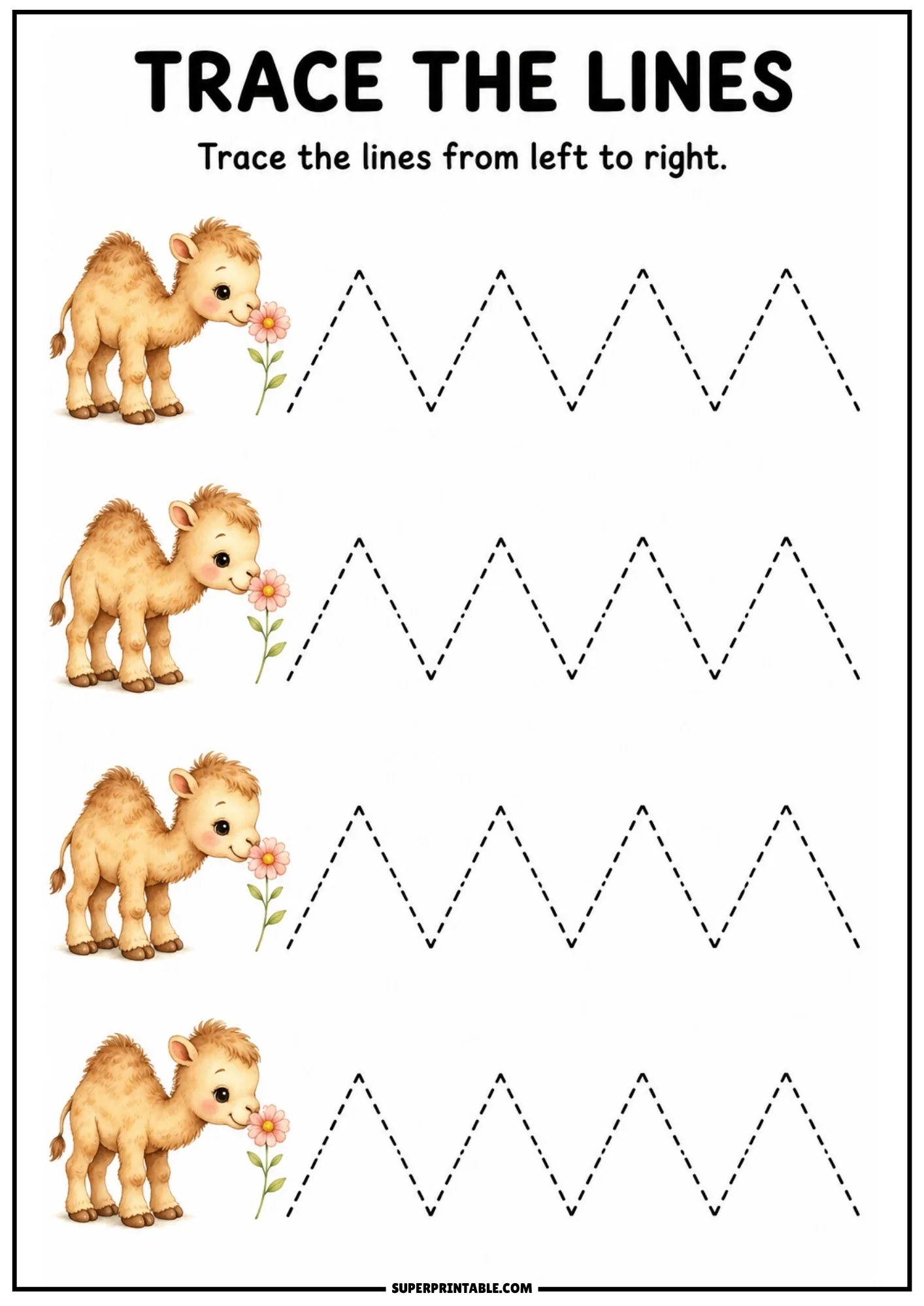 Printable line tracing sheet featuring a cute camel smelling a pink flower and triangular peak lines.