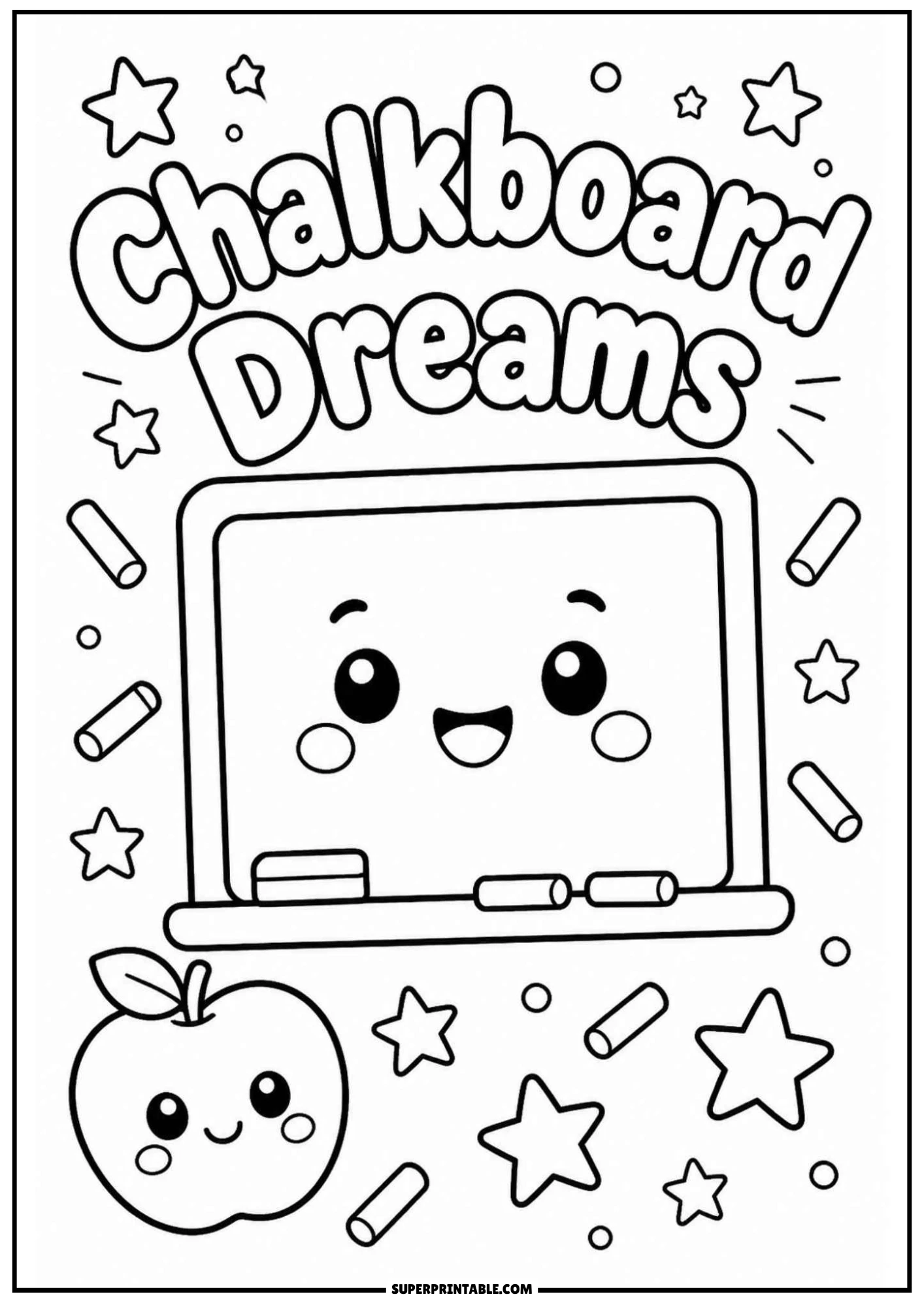 A chalkboard with chalk pieces and a happy apple surrounded by floating stars and chalk, with the text Chalkboard Dreams.