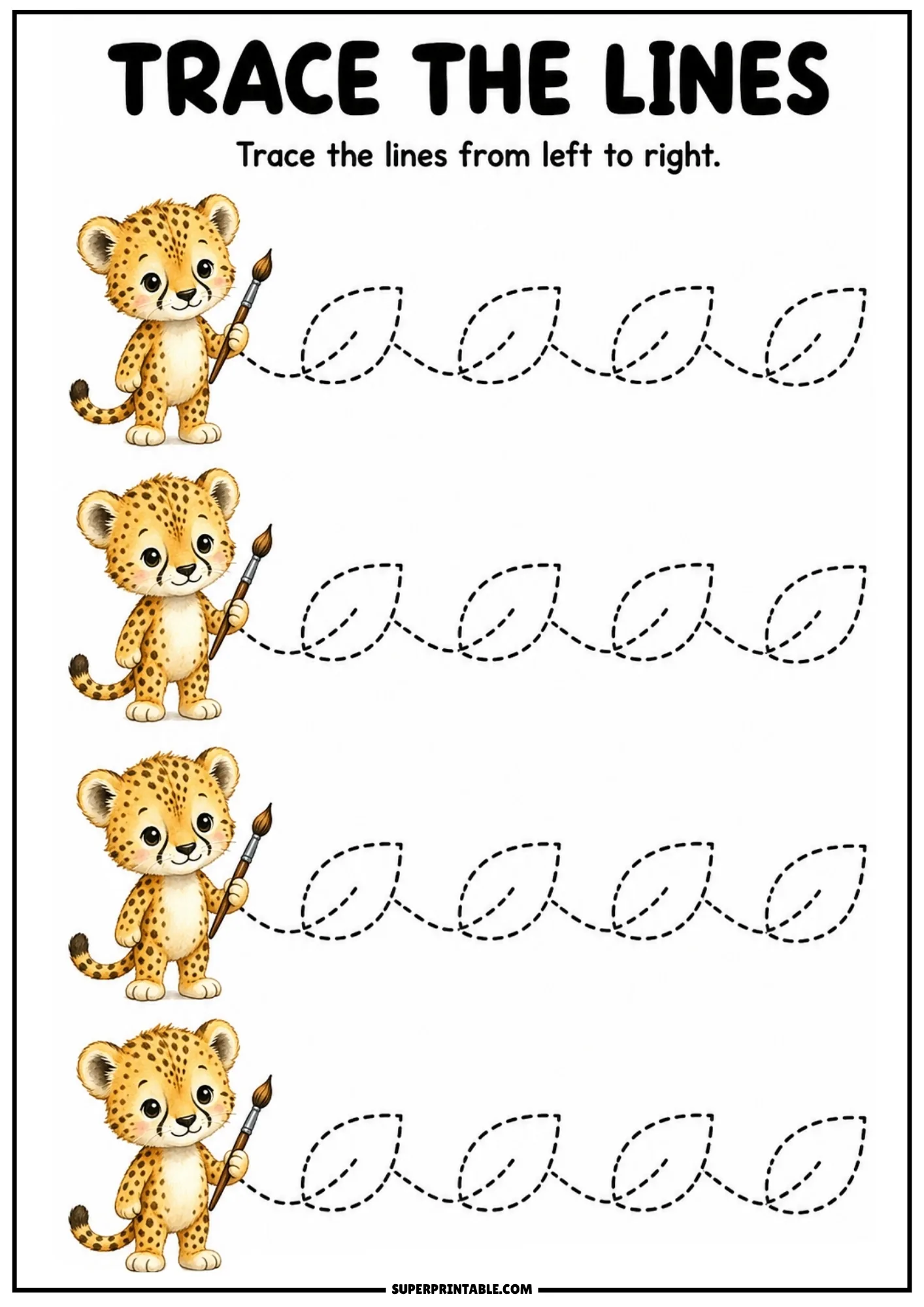 Pre-writing line tracing worksheet featuring a cute cheetah holding a paintbrush and leaf loops.