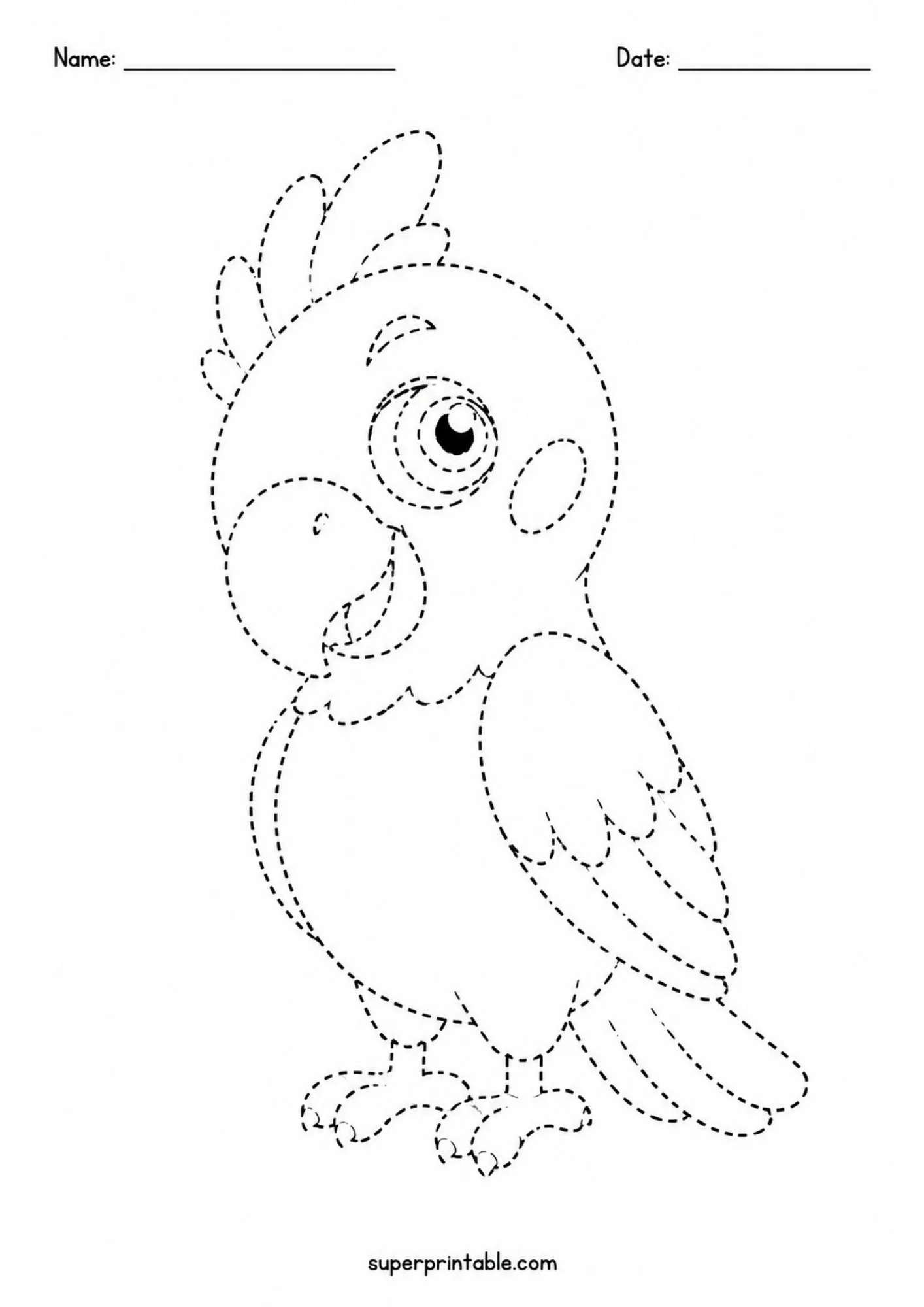 Black line art tracing page featuring a cute cartoon cockatoo with a tall feather crest, large round eye, and standing posture depicted with dashed tracing lines.