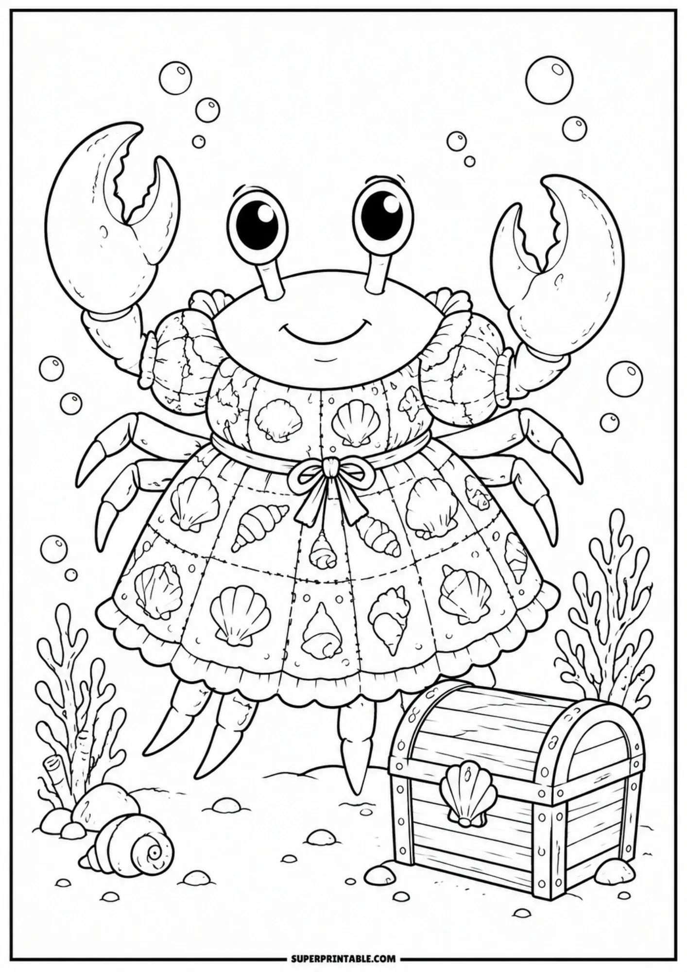 A cartoon crab wearing a ruffled dress with seashell drawings, standing on the ocean floor next to a wooden treasure chest.
