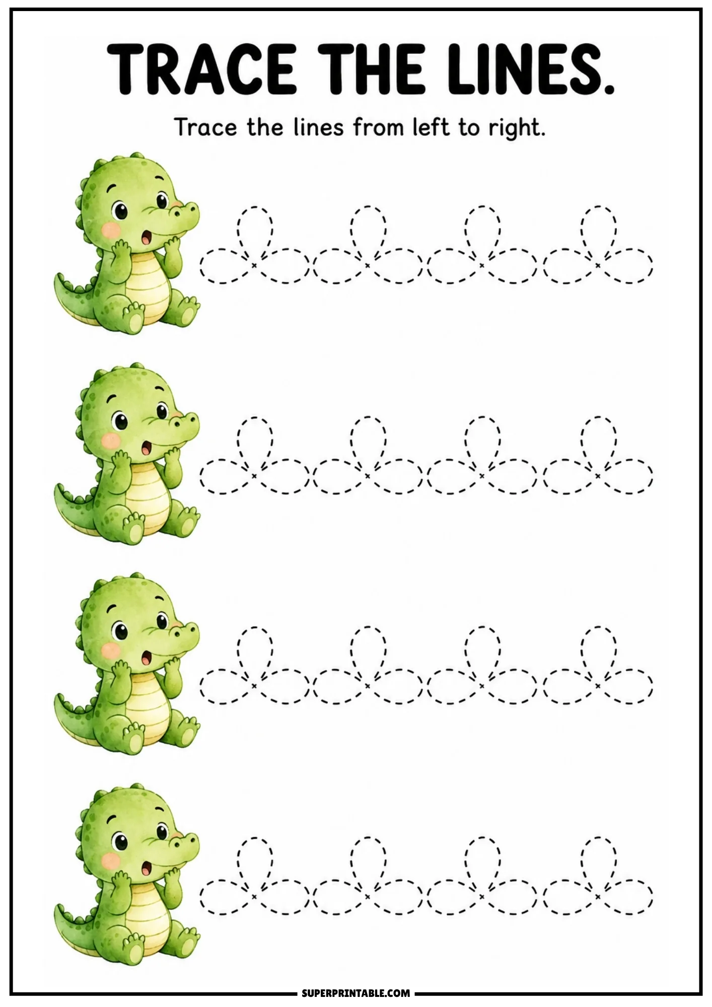 Line tracing worksheet featuring a cute green baby crocodile and flower petal dashed patterns.