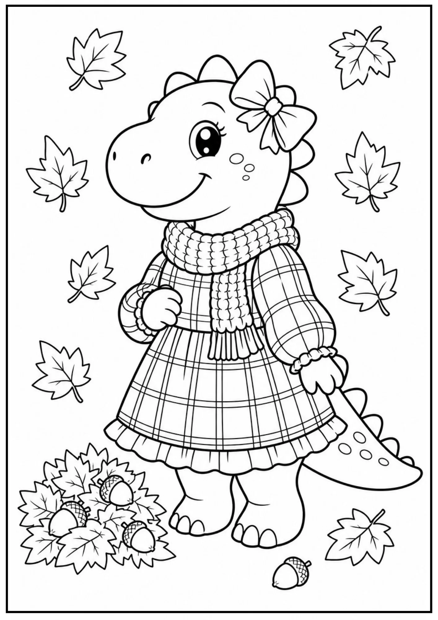 A black and white coloring page of a cute dinosaur wearing a long-sleeved plaid dress and a knit scarf. A pile of acorns and oak leaves sits at its feet under falling maple leaves.