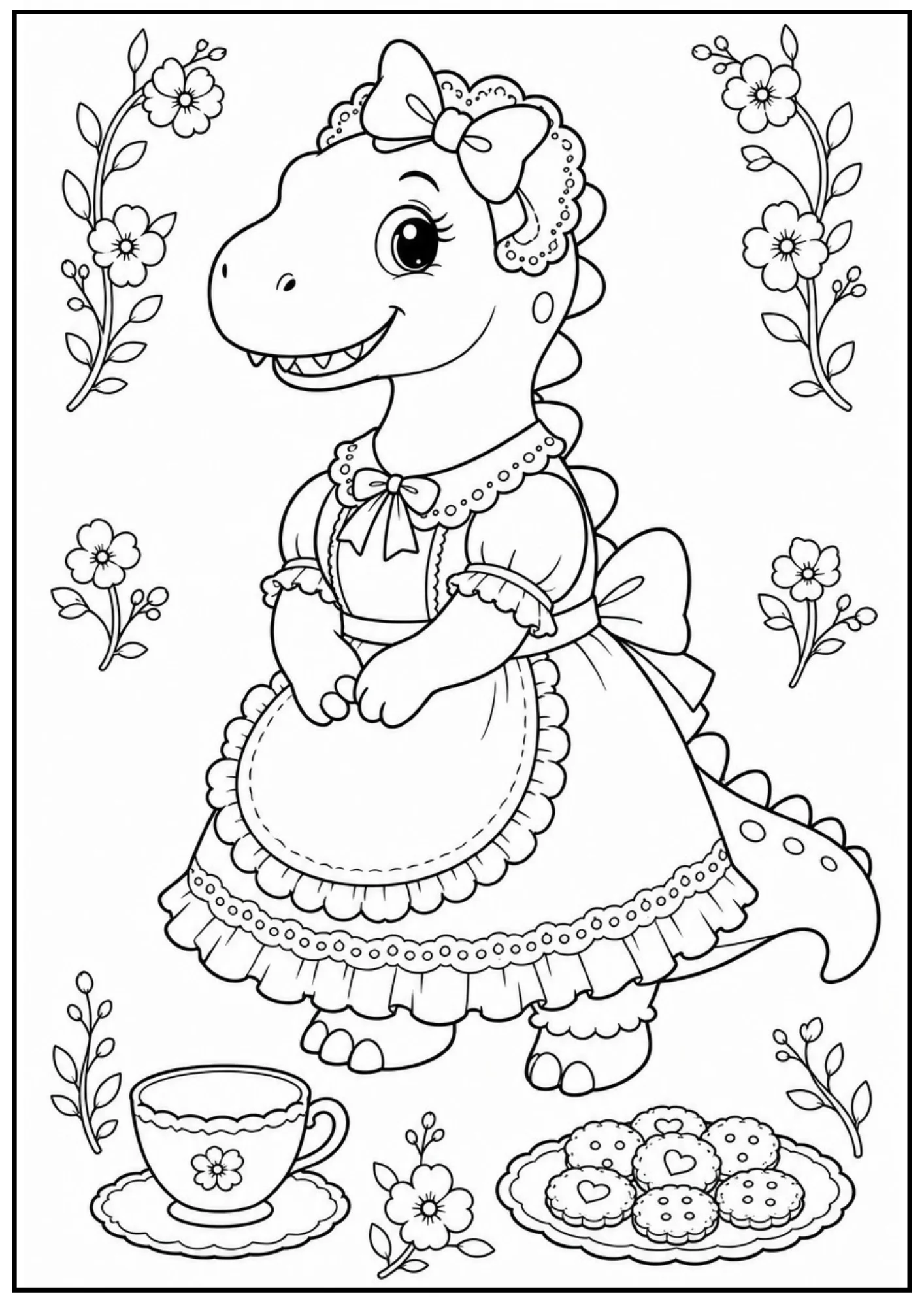 A black and white coloring page of a cute dinosaur wearing an apron over a ruffled dress and a matching headband, standing by a teacup and a plate of cookies.