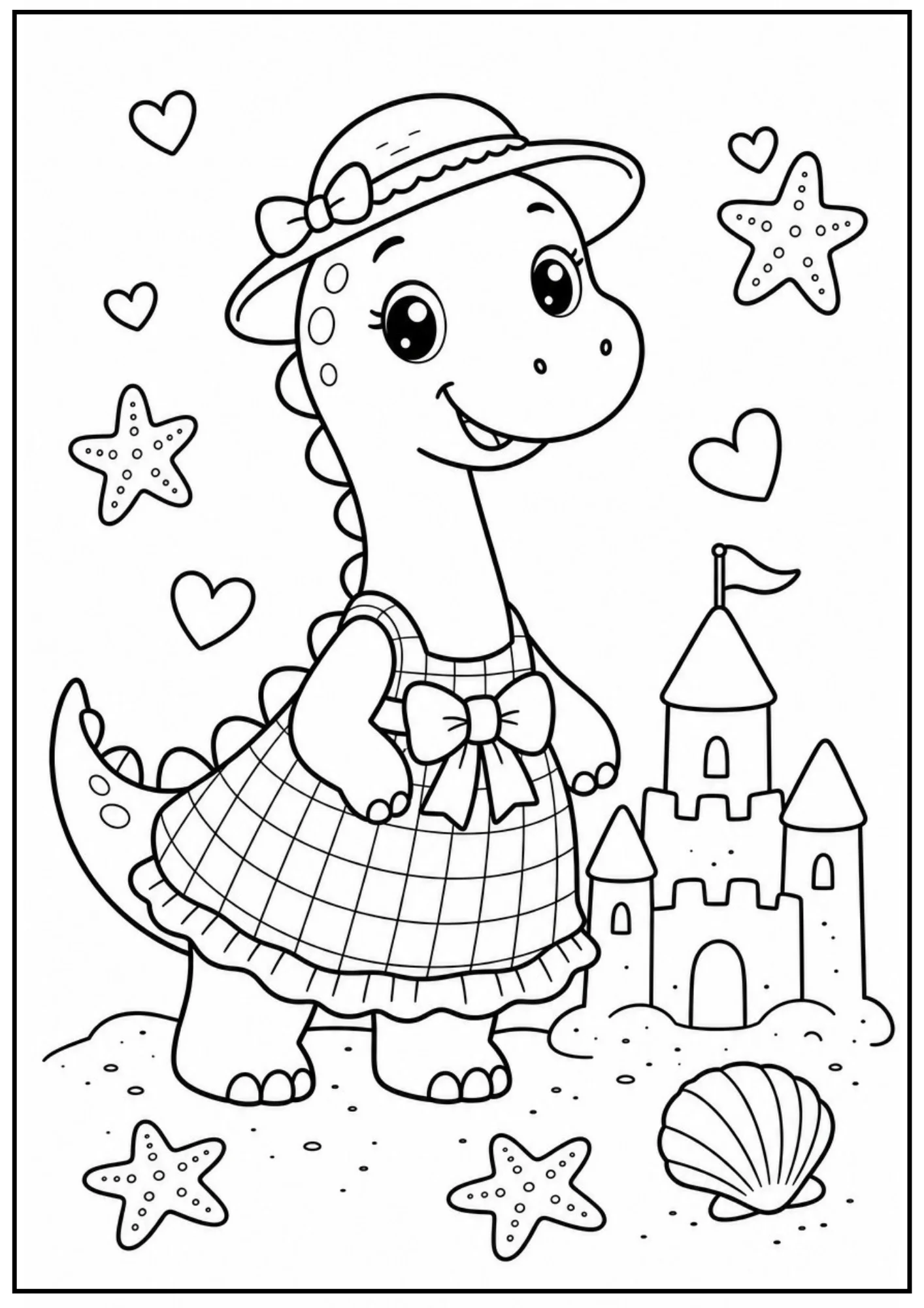 A black and white coloring page of a cute dinosaur wearing a plaid sundress and sun hat, standing on a sandy beach next to a sandcastle, with starfish and seashells.
