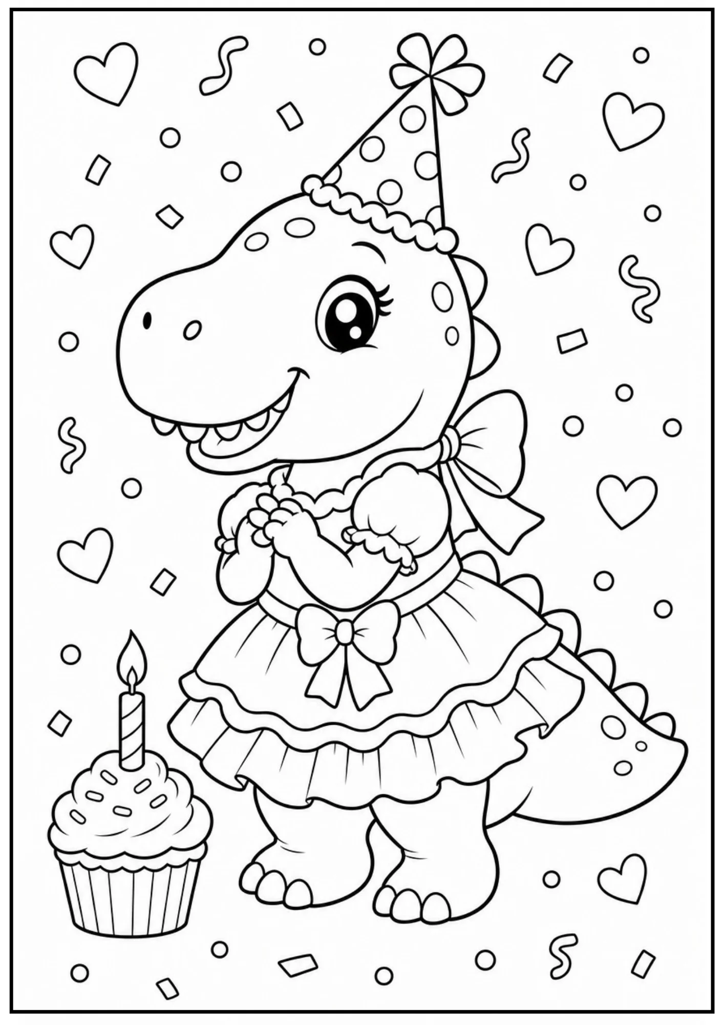 A black and white coloring page of a cute cartoon dinosaur wearing a ruffled party dress and a polka-dotted party hat. A birthday cupcake with a single lit candle sits next to the dinosaur.