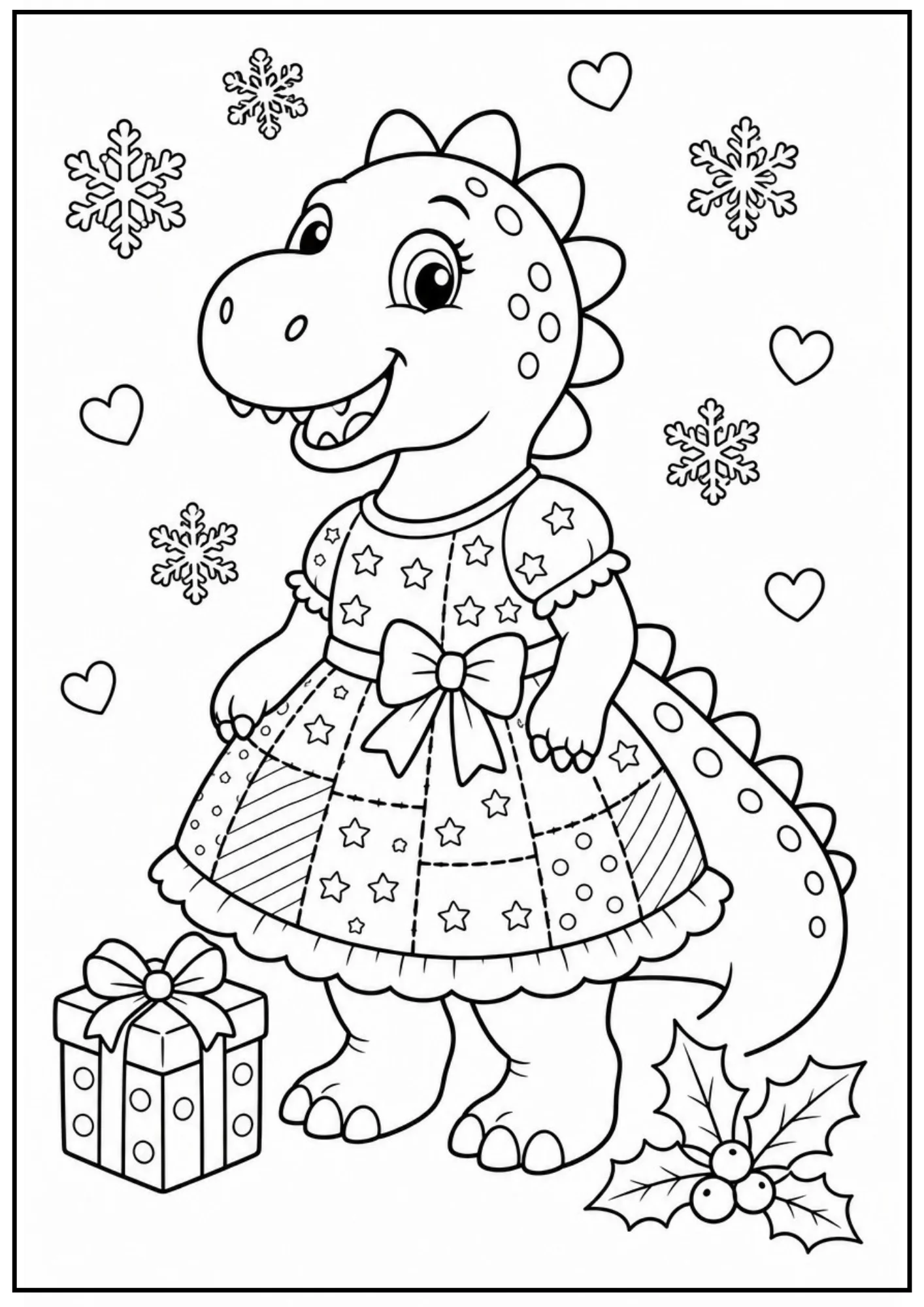 A black and white coloring page of a cute dinosaur wearing a star-printed winter dress with a bow at the waist. A wrapped gift box and holly leaves are at its feet under falling snowflakes.