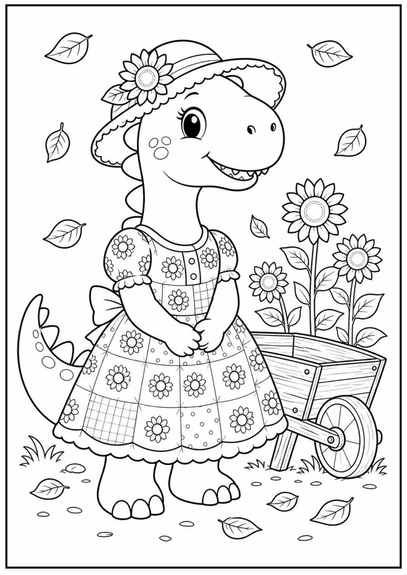 A black and white coloring page of a cute dinosaur wearing a floral dress and a sun hat with a sunflower, standing beside a wooden wheelbarrow filled with sunflowers.