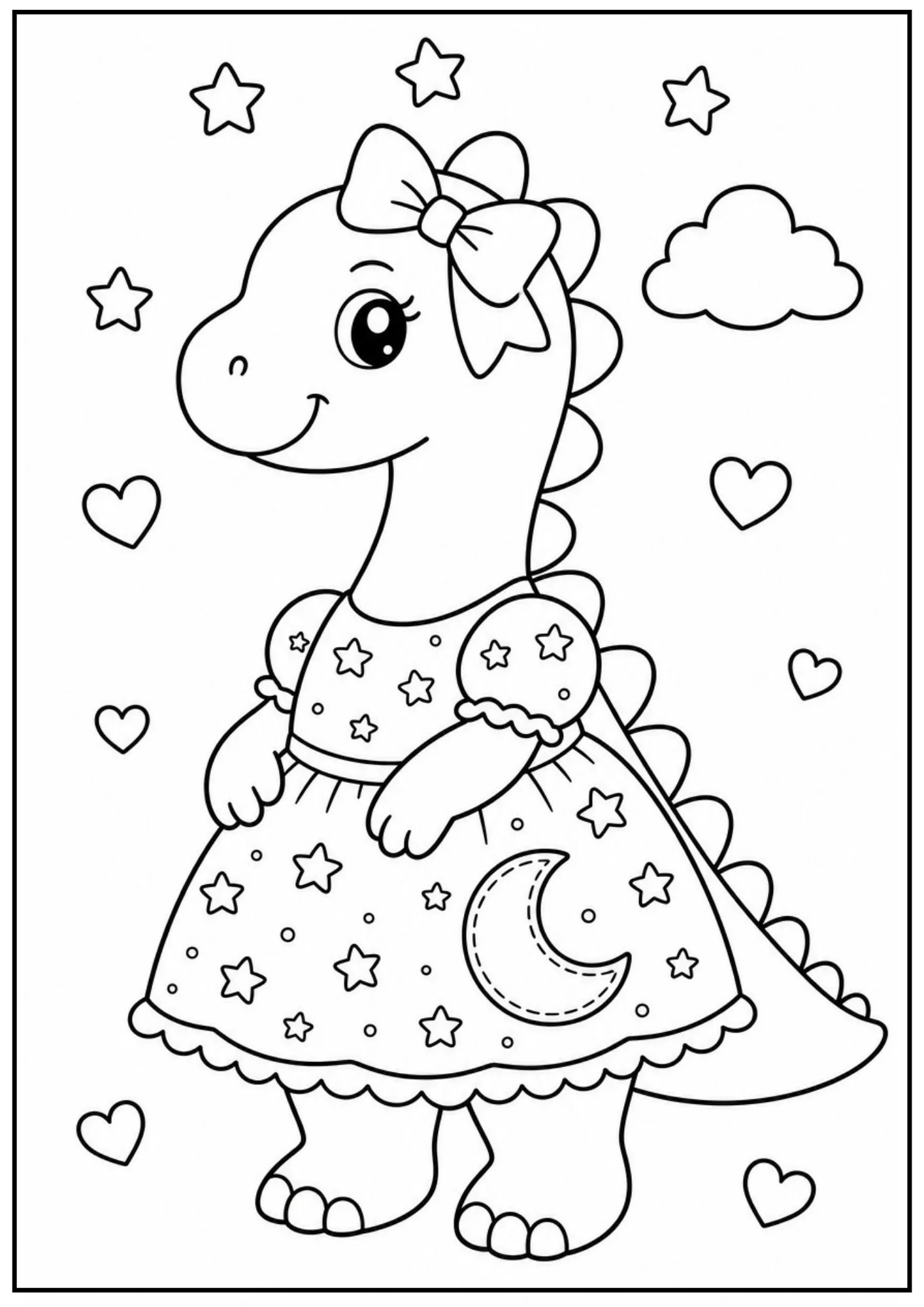A black and white coloring page of a cute dinosaur in a nightgown decorated with stars and a crescent moon, wearing a bow on its head. The background is filled with stars and hearts.