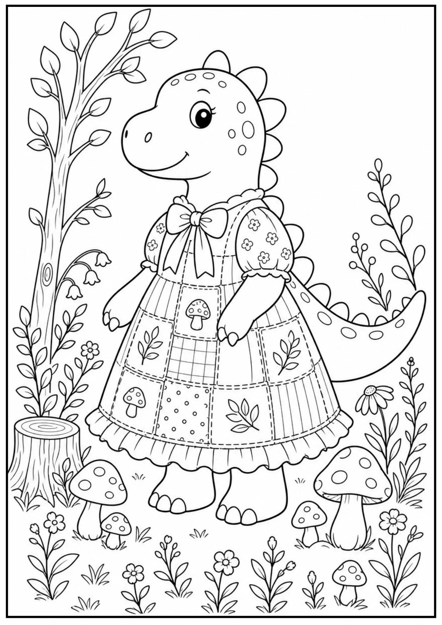 A black and white coloring page of a cute cartoon dinosaur standing in a forest next to a tree trunk and mushrooms. The dinosaur is wearing a patchwork patterned dress with a bow at the collar.