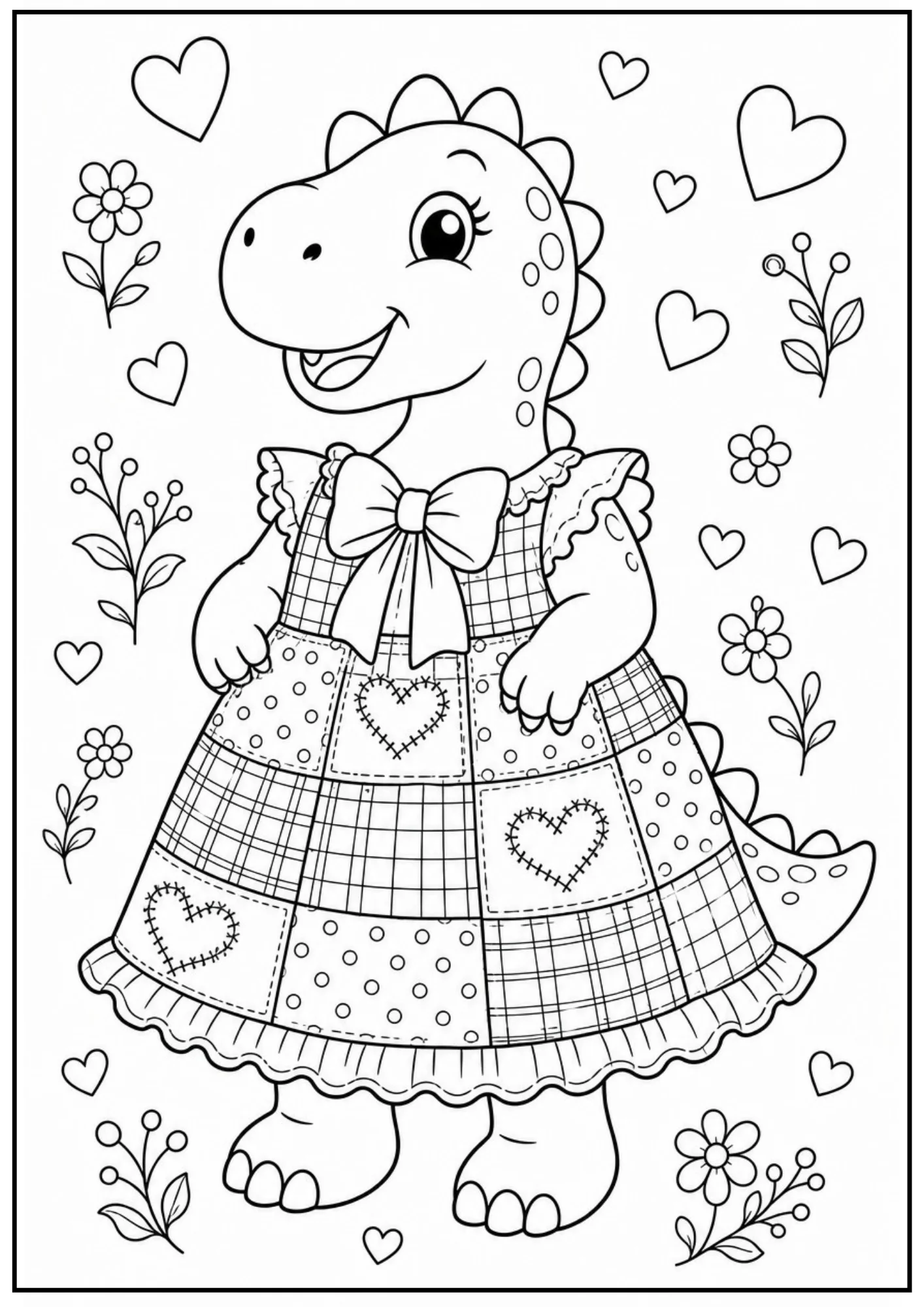 A black and white coloring page of a cute cartoon dinosaur wearing a patchwork dress with heart and plaid patterns. Floating hearts and flowers surround the dinosaur.