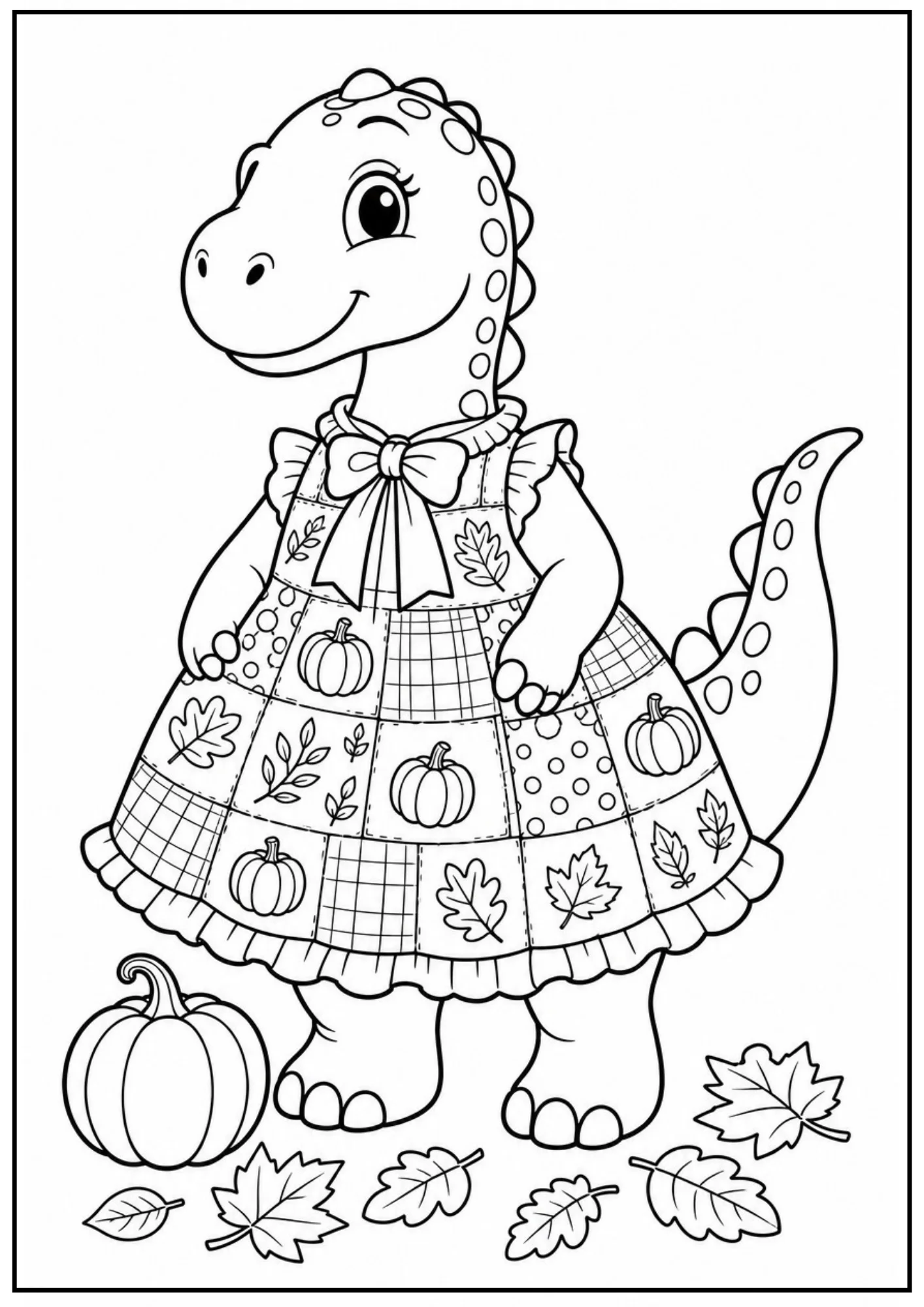 A black and white coloring page of a cute cartoon dinosaur in a patchwork dress decorated with pumpkins and autumn leaves, standing next to a pumpkin on the ground.