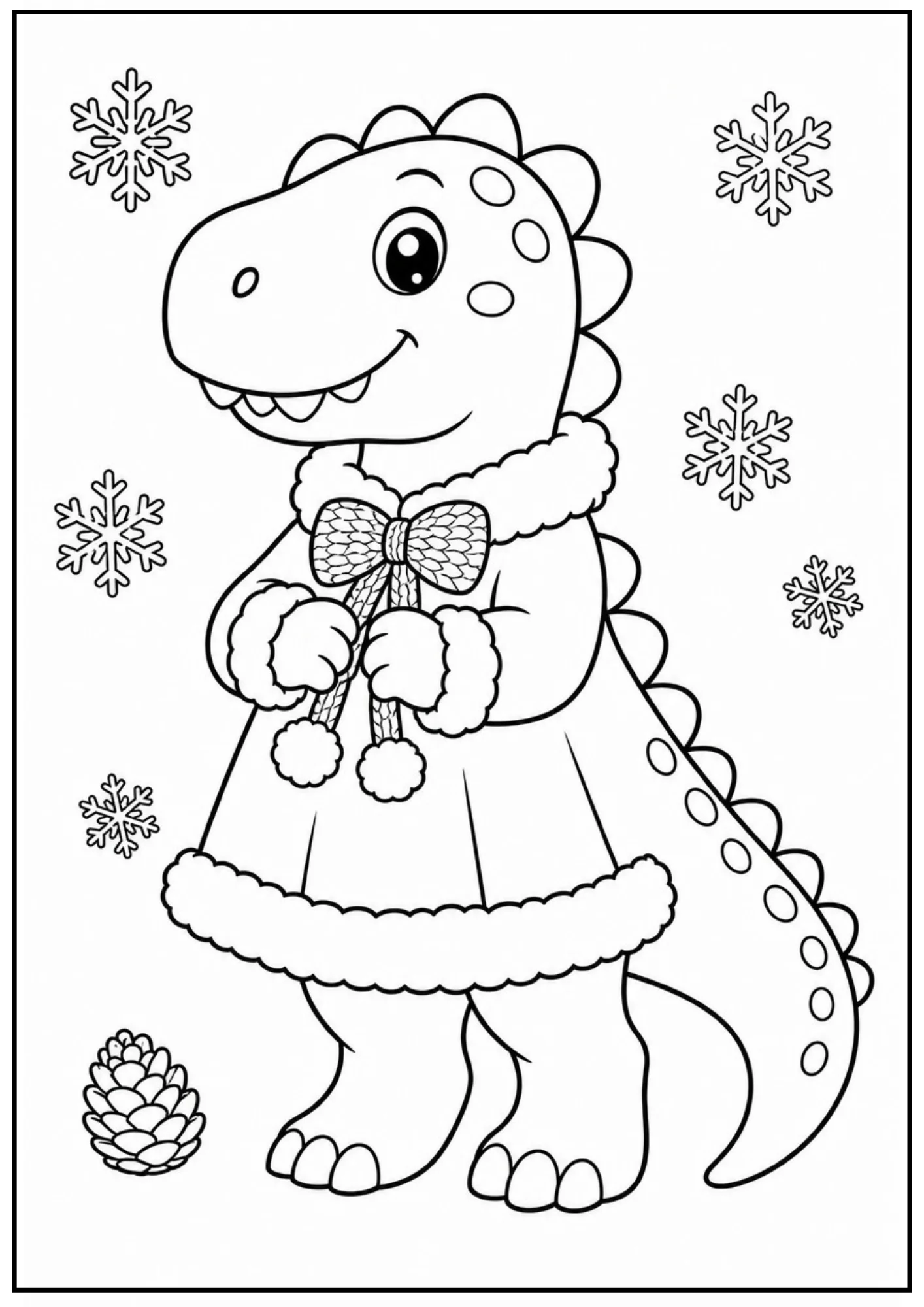A black and white coloring page of a cute dinosaur wearing a winter coat with fur trim and a decorative bow, standing amid falling snowflakes and a pinecone on the ground.