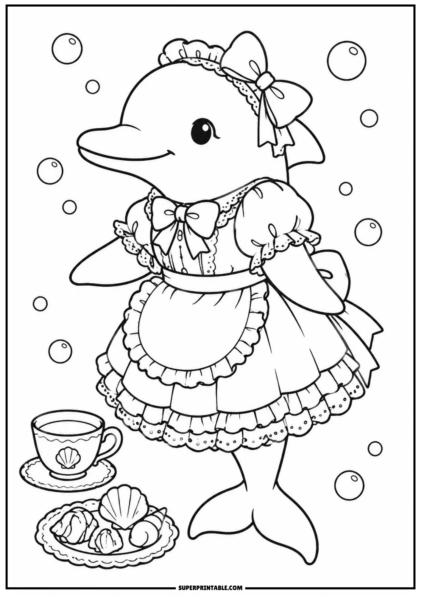 A cartoon dolphin wearing a ruffled apron dress and a head bow, standing next to a teacup and a plate of cookies.