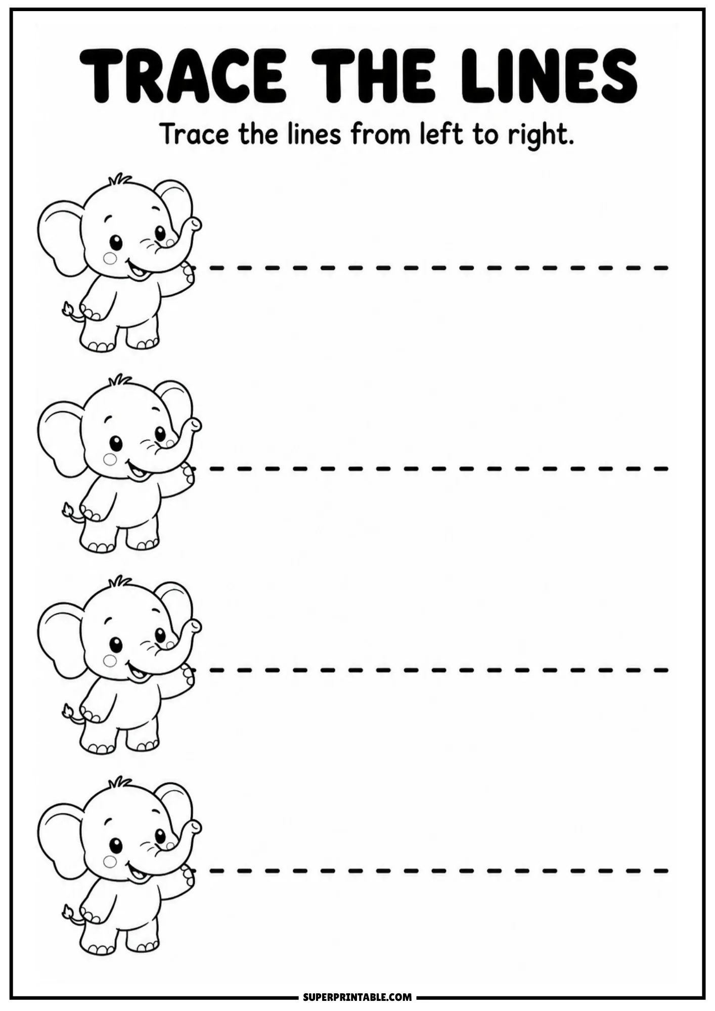 Printable line tracing worksheet featuring four cute baby elephants with horizontal dashed lines to trace.