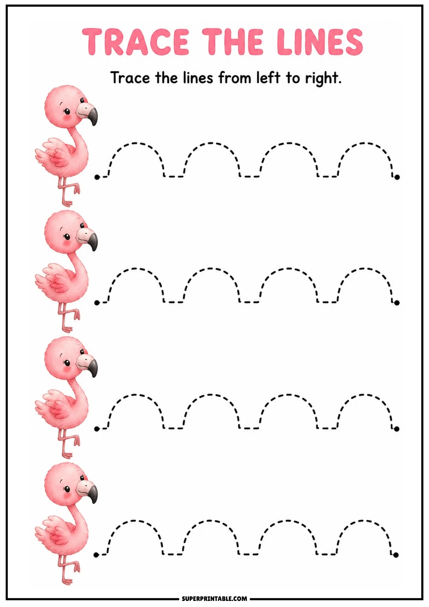 Pre-writing worksheet with a cute pink flamingo standing on one leg and dashed arch lines.
