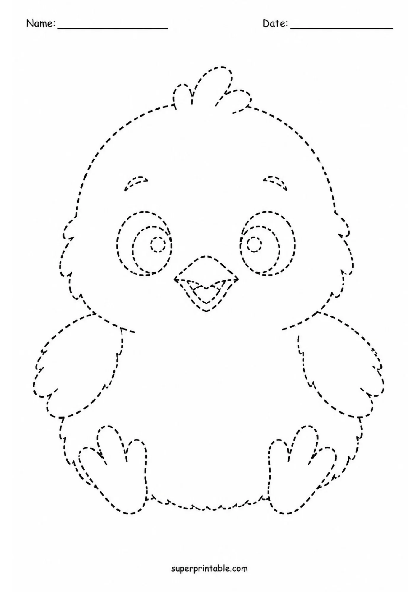 Black and white line tracing worksheet featuring a cute round baby chick sitting forward with large round eyes, open beak, and dashed outline paths for handwriting practice.