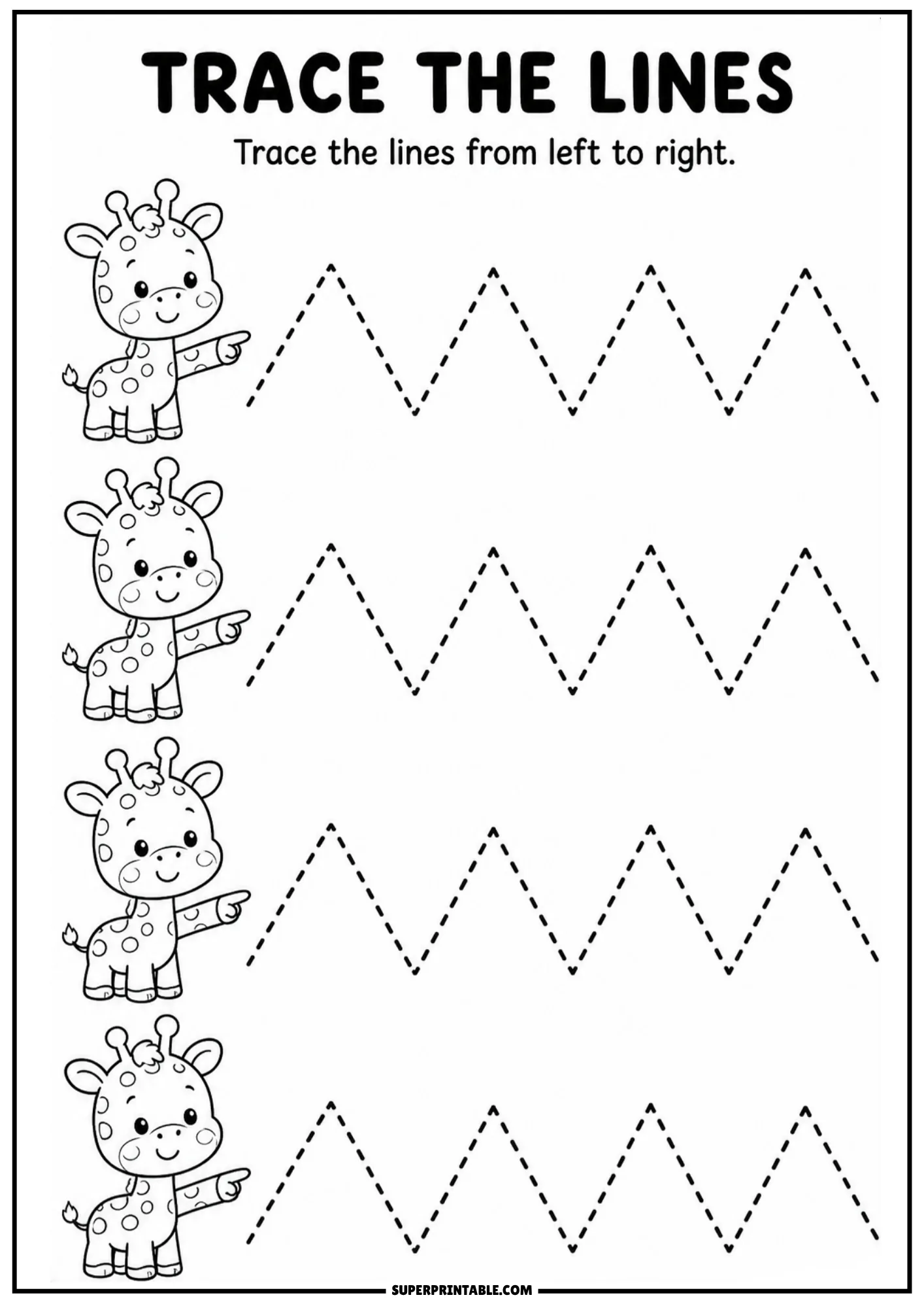 Worksheet featuring cute baby giraffes pointing to tall dashed triangular lines for pre-writing practice.